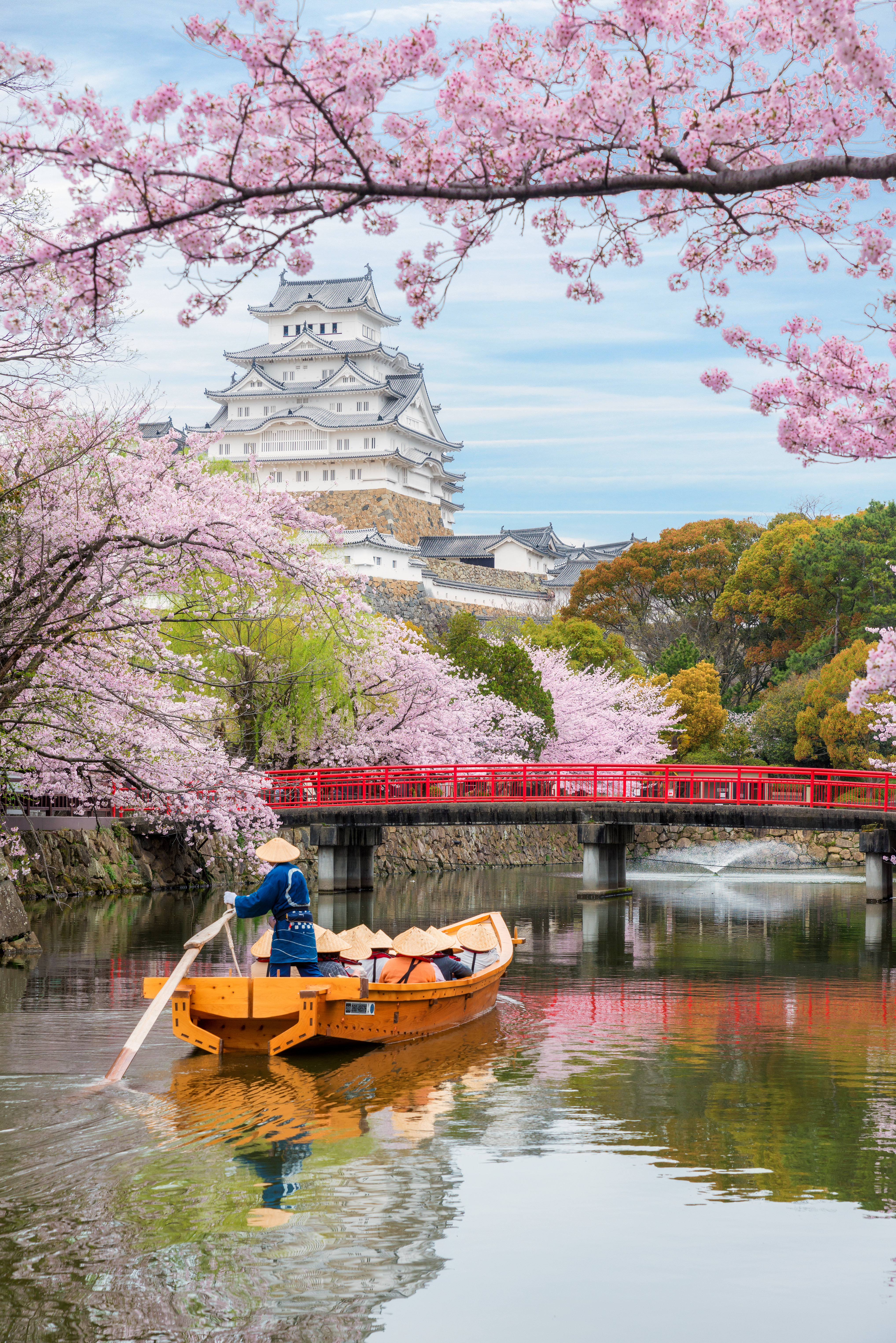 Cherry blossoms frame Himeji Castle above a calm moat, with a small boat passing under a red bridge below.