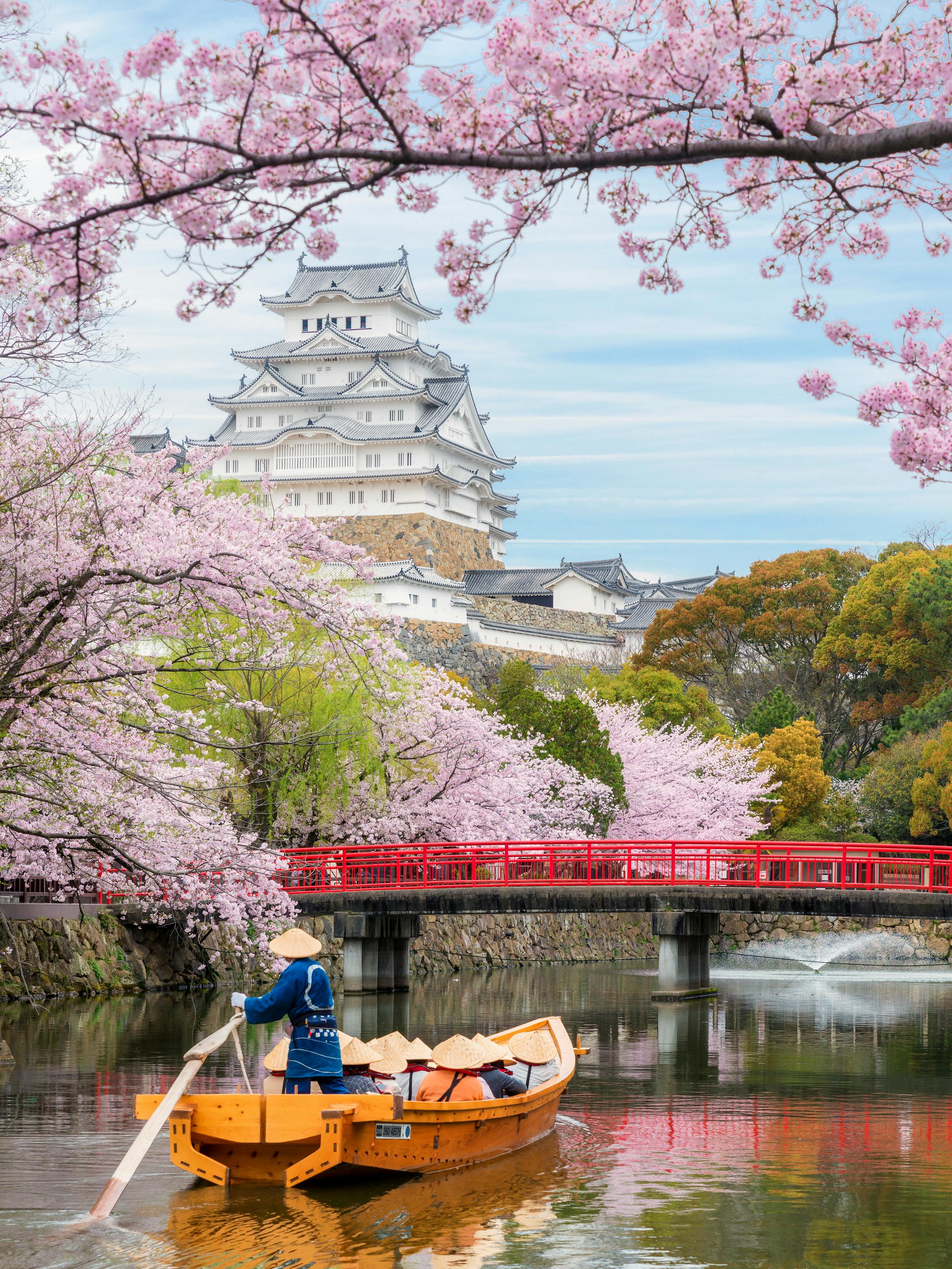 Cherry blossoms frame Himeji Castle above a calm moat, with a small boat passing under a red bridge below.