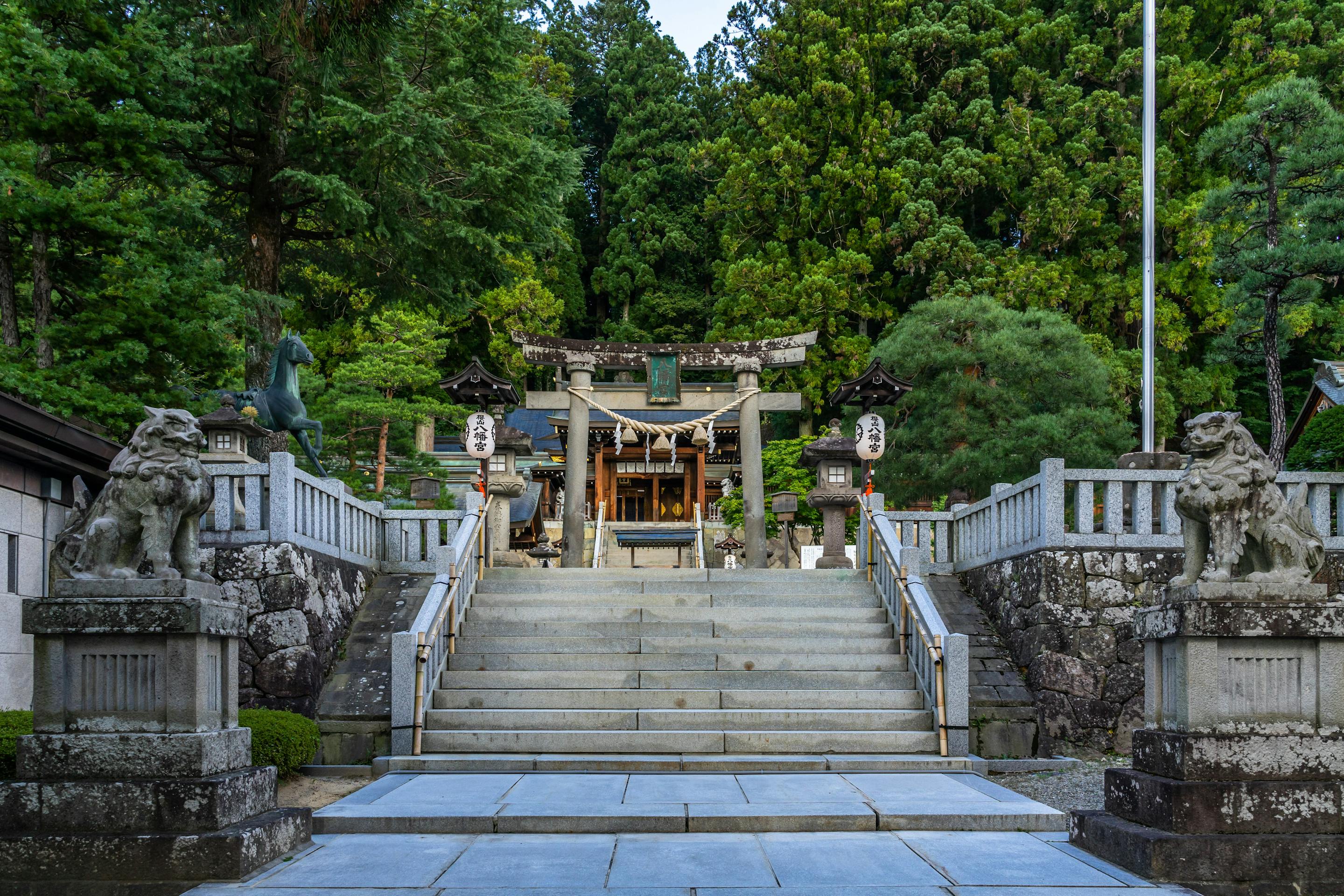 Stone steps lead up to Sakurayama Hachimangu Shrine in Takayama, flanked by komainu statues and tall cedars.