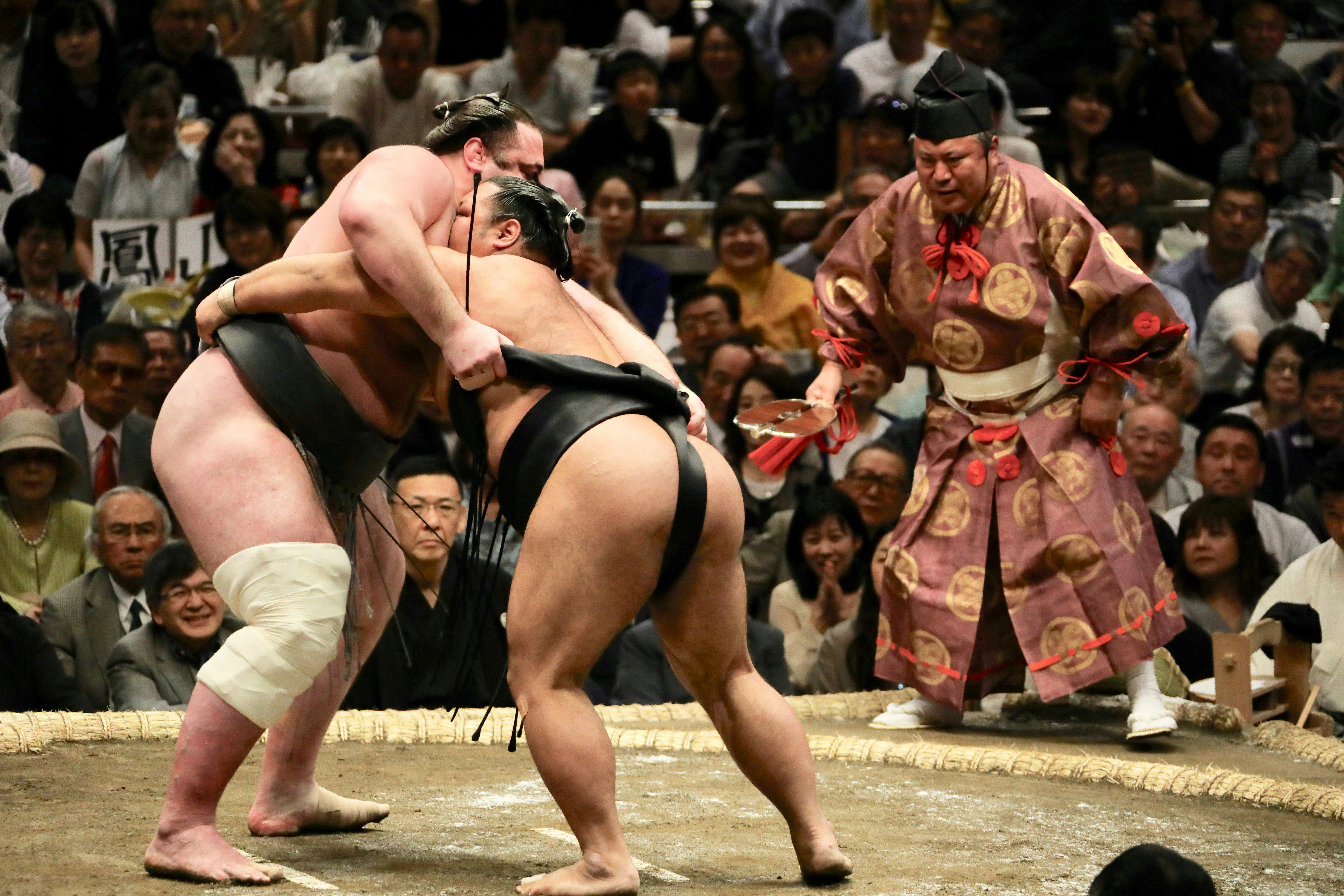 Two sumo wrestlers grapple in a ring while a referee watches, with spectators filling the arena behind them.