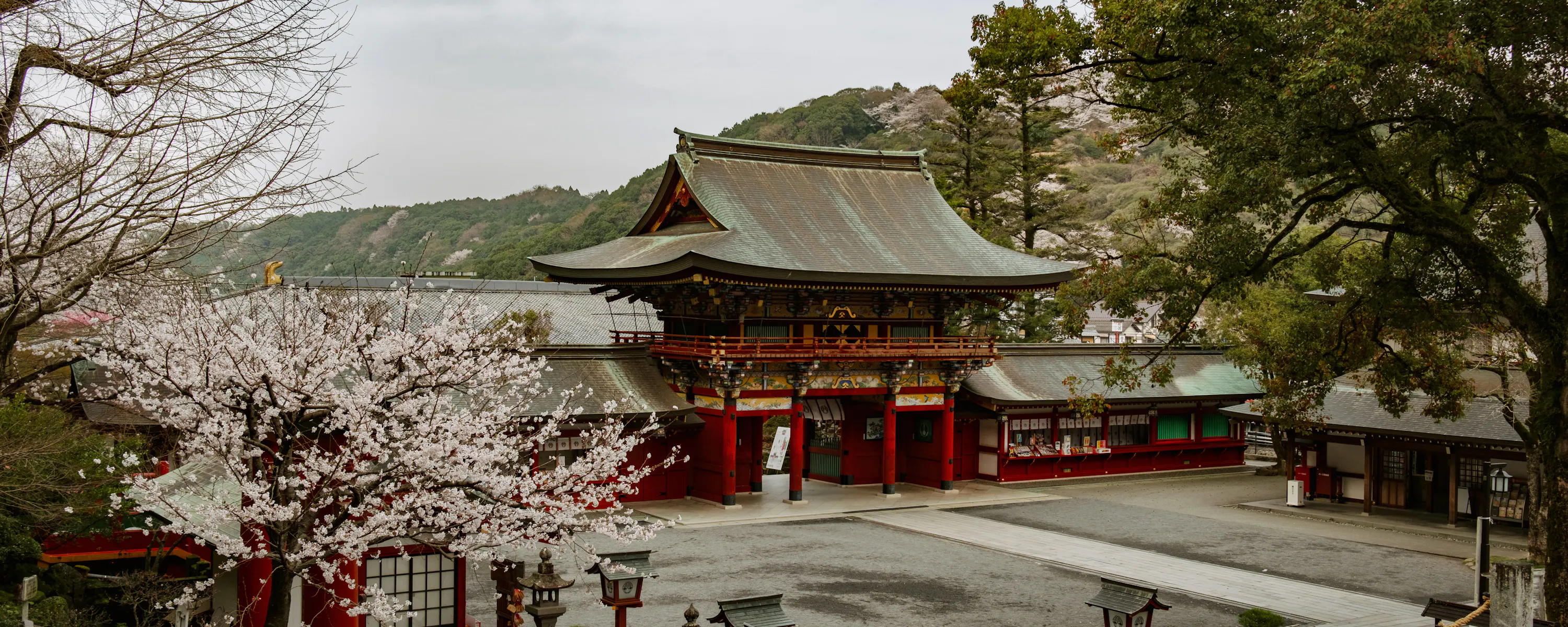 Yūtoku Inari Shrine’s red gate and stairway overlook a quiet courtyard, framed by cherry blossoms and hills.