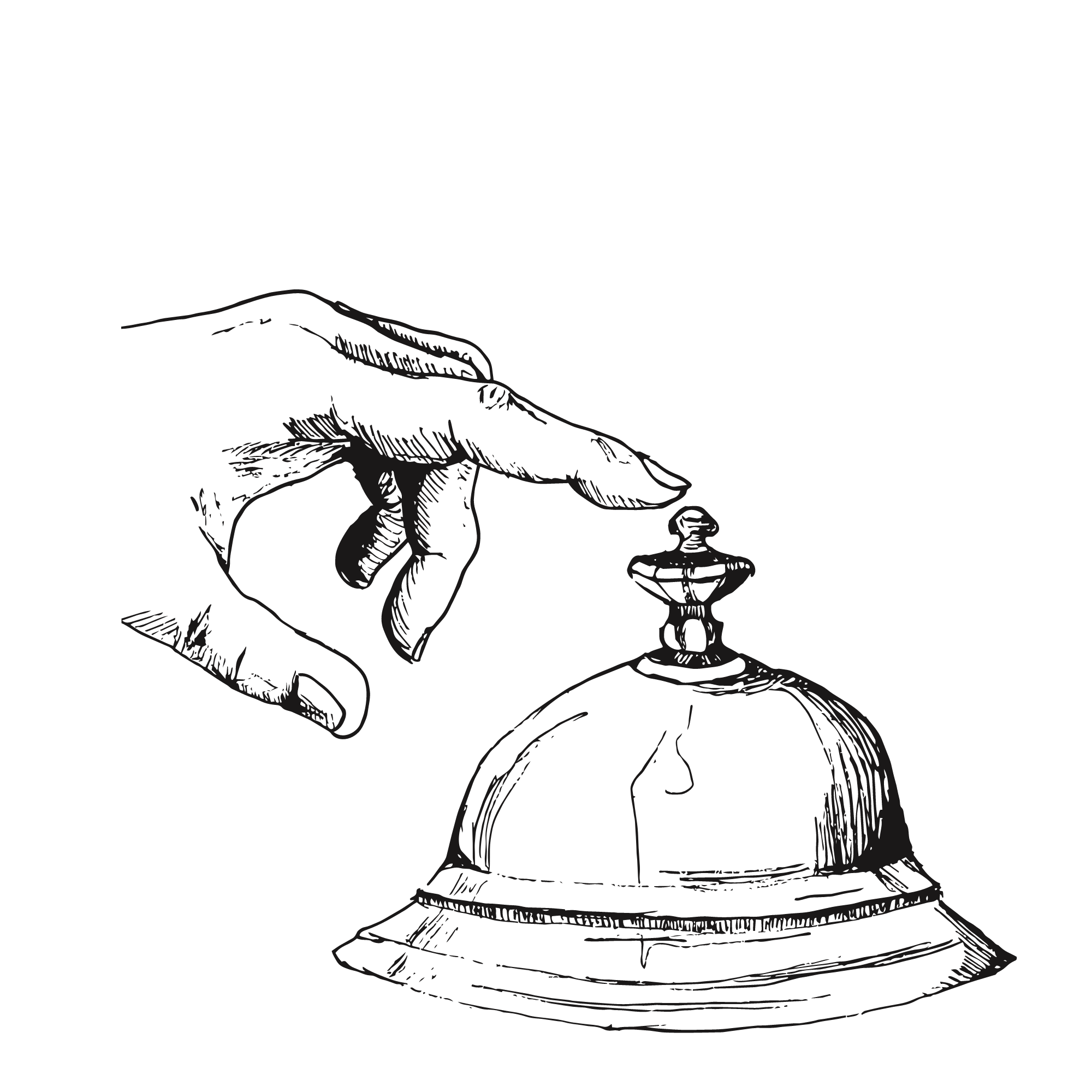 Sketch of a concierge bell, with a hand hovering just above it ready to ring the bell.