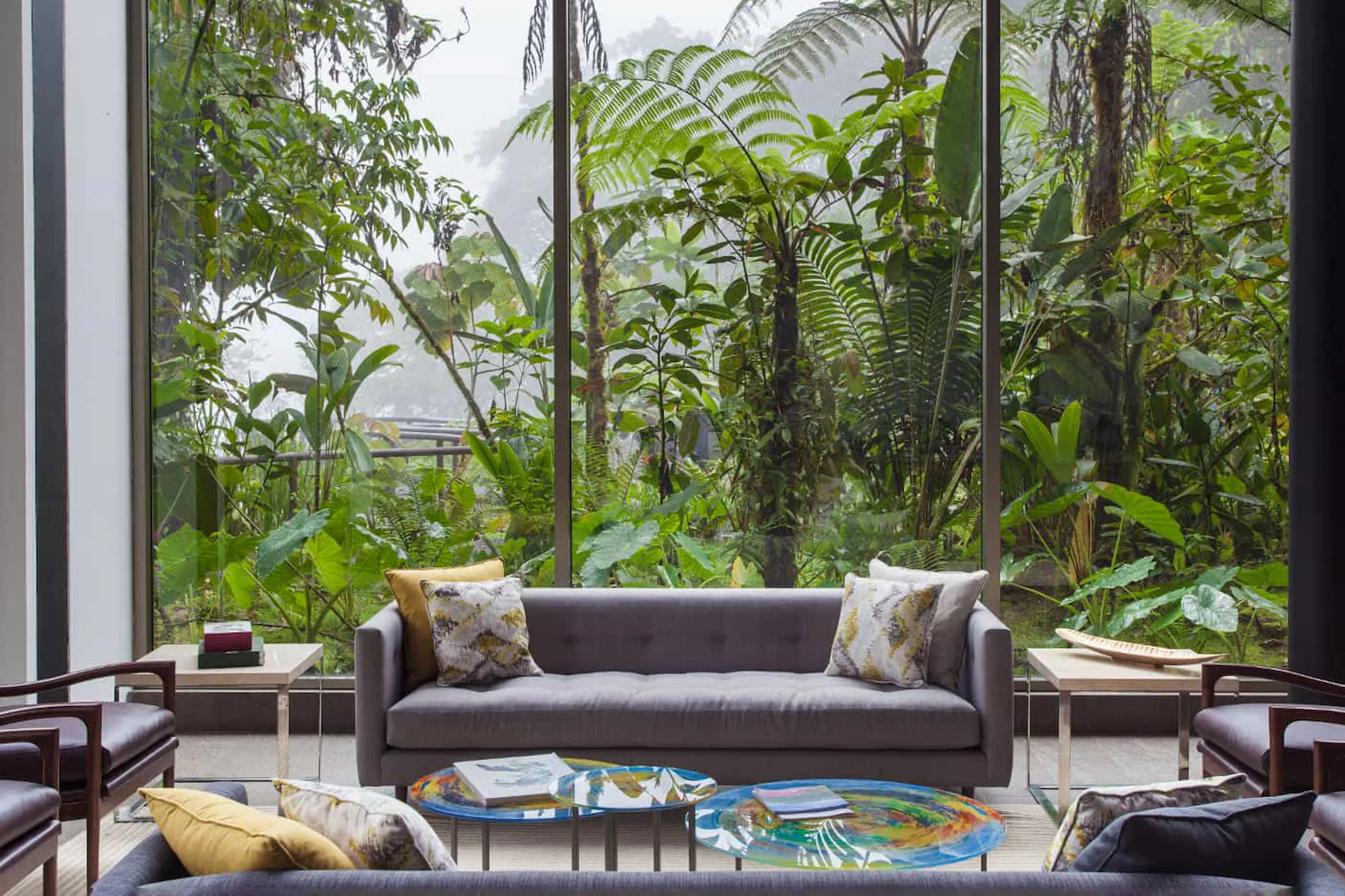 A rainforest lodge lounge framed by floor-to-ceiling windows at Mashpi Lodge, set in Ecuador's cloud forest.