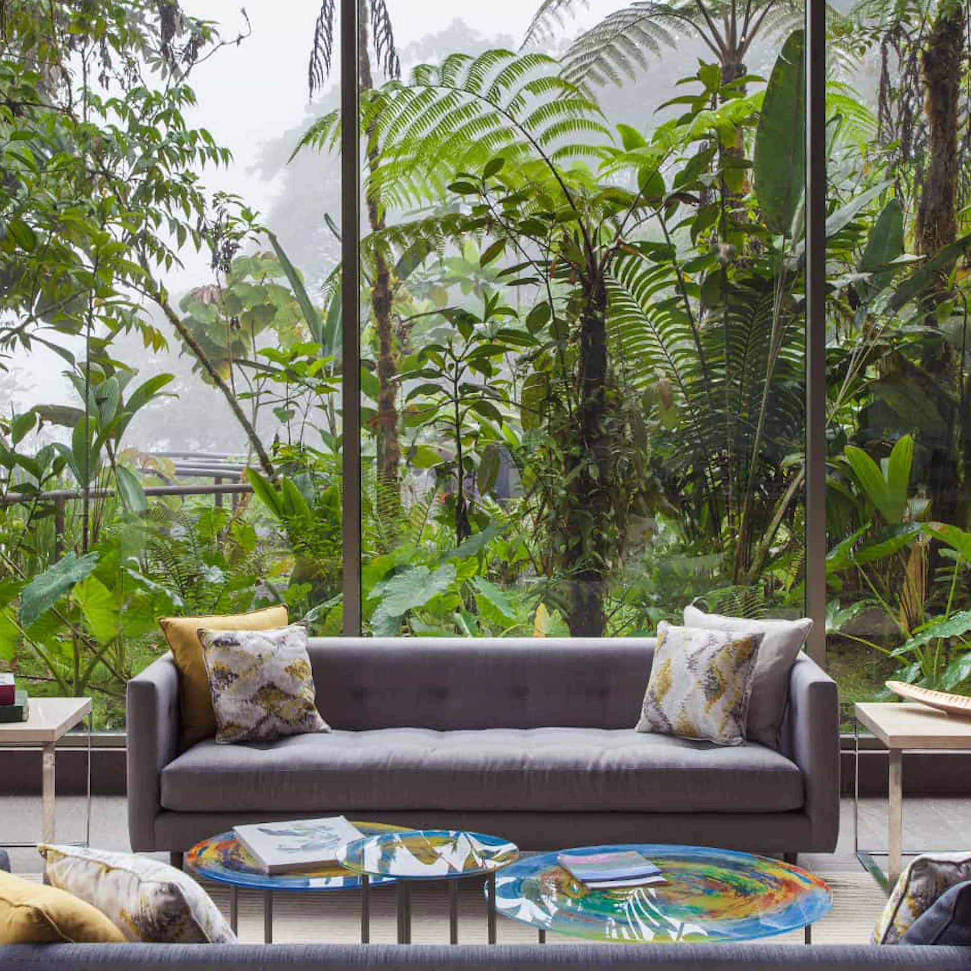 A rainforest lodge lounge framed by floor-to-ceiling windows at Mashpi Lodge, set in Ecuador's cloud forest.