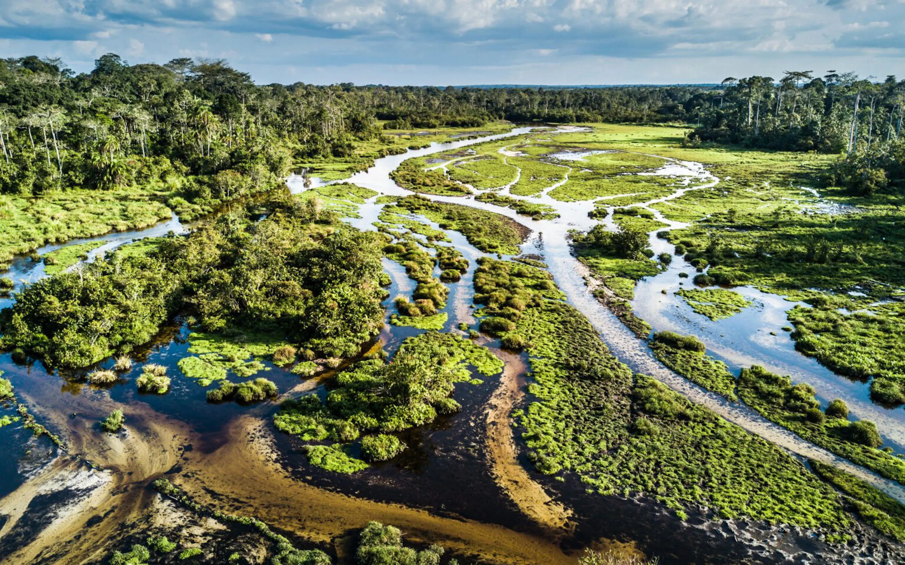 Aerial waterways and forest surround Lango Camp in Odzala, Congo, with flooded channels winding through the trees.