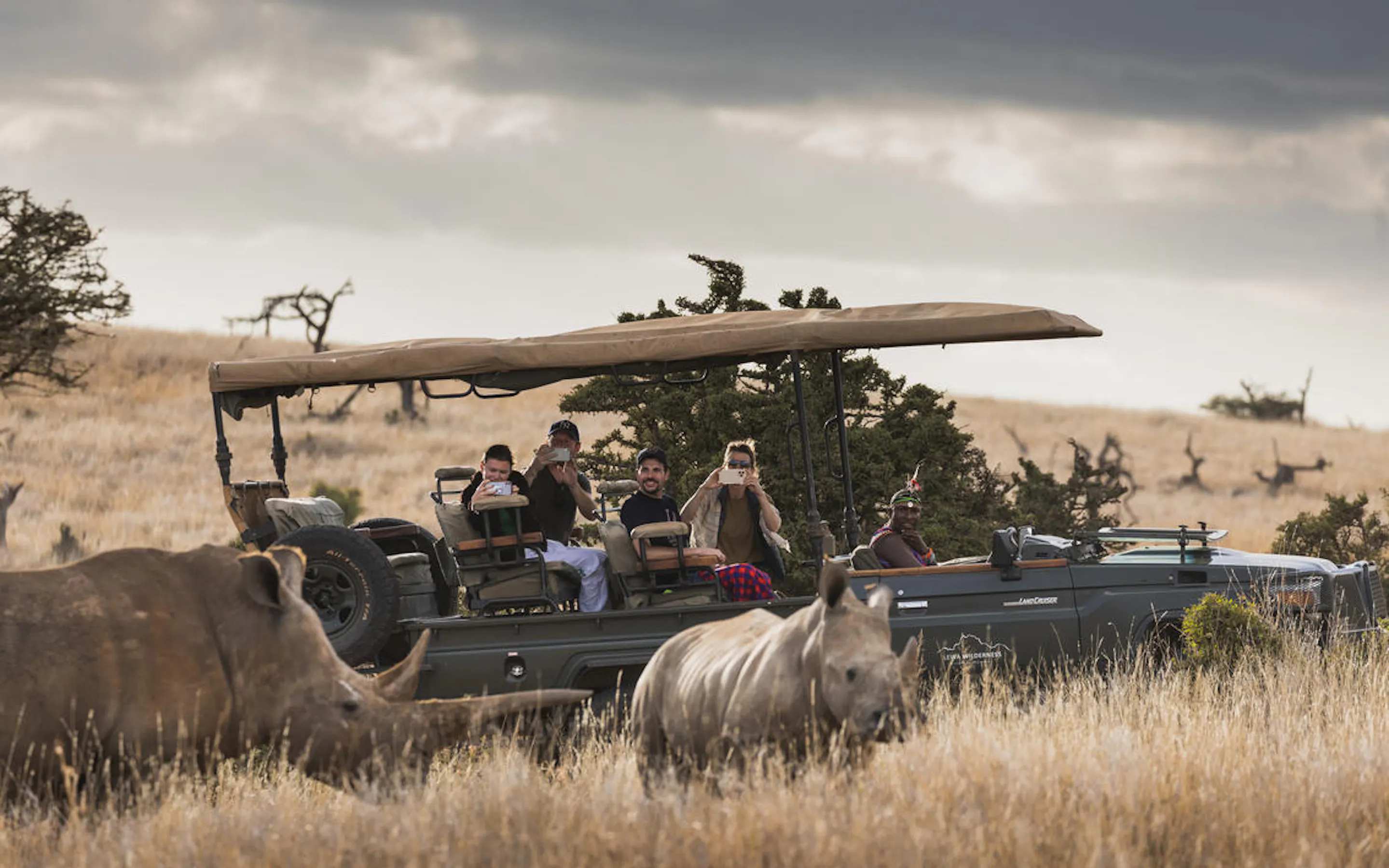 Safari guests photograph two rhinos from an open vehicle in dry grassland at Lewa, Kenya, under cloudy skies.
