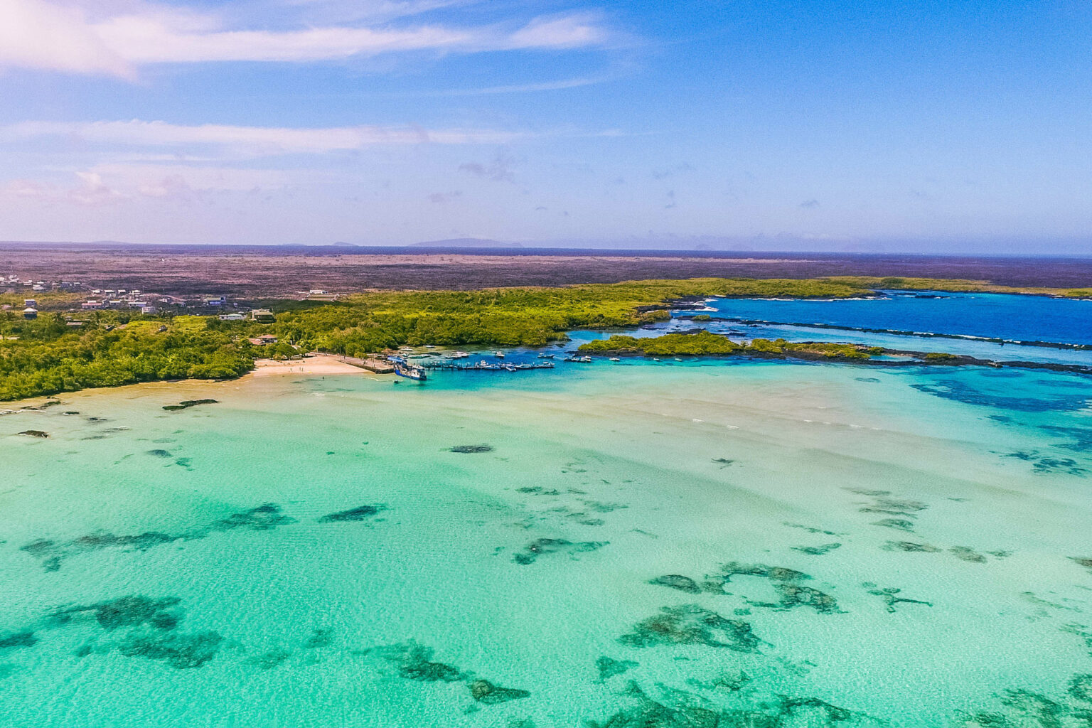 An aerial view shows Isabela Island coastline in the Galapagos, with bright blue sea and dark volcanic shore.