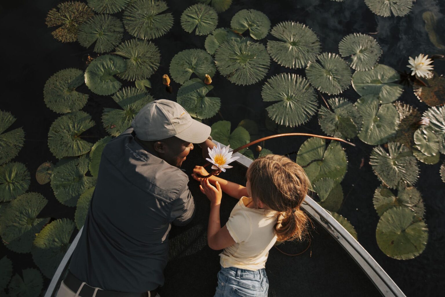 A guide and child glide through lily-covered water at Vumbura Plains in Botswana, seen from directly above.