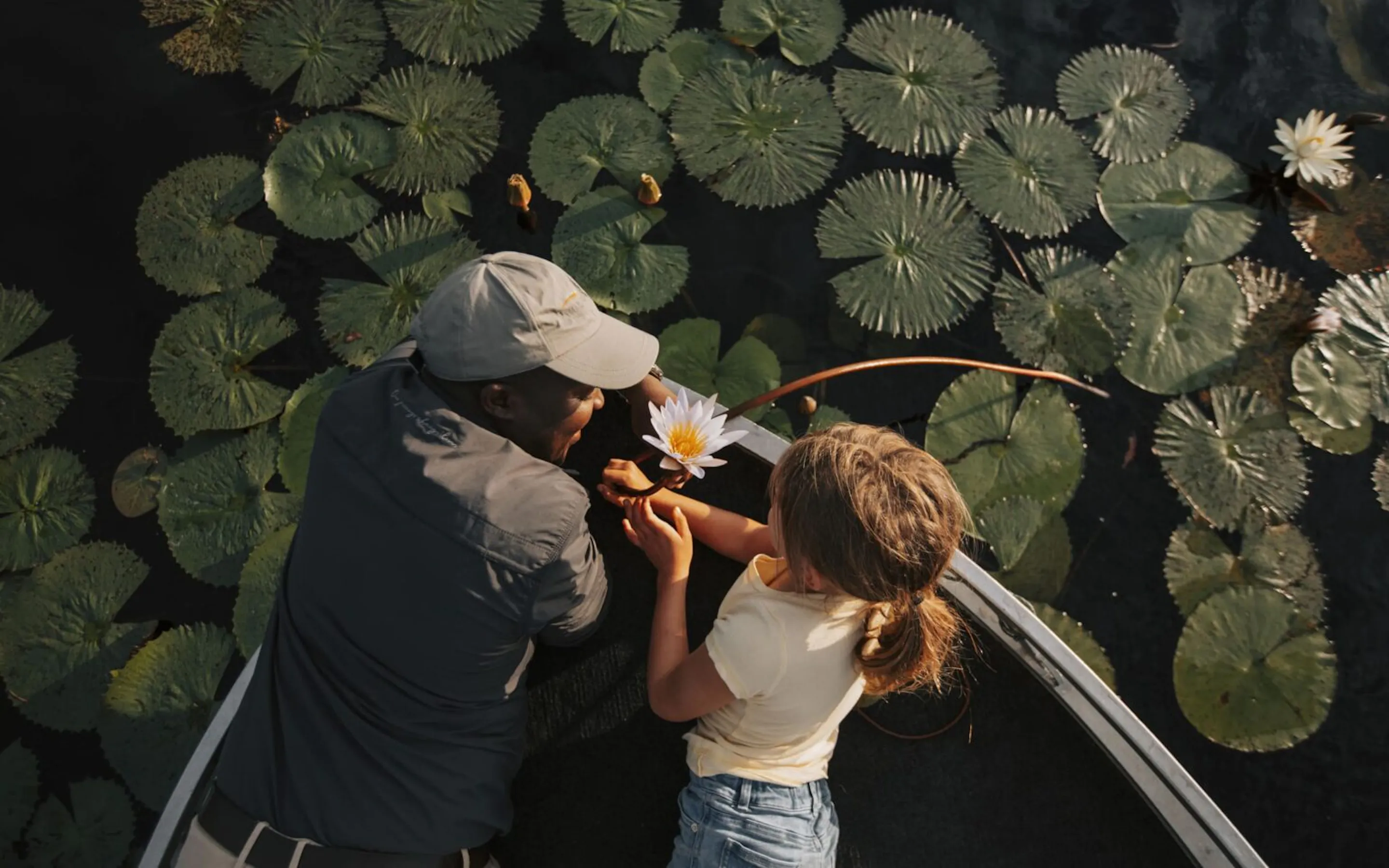 A guide and child glide through lily-covered water at Vumbura Plains in Botswana, seen from directly above.