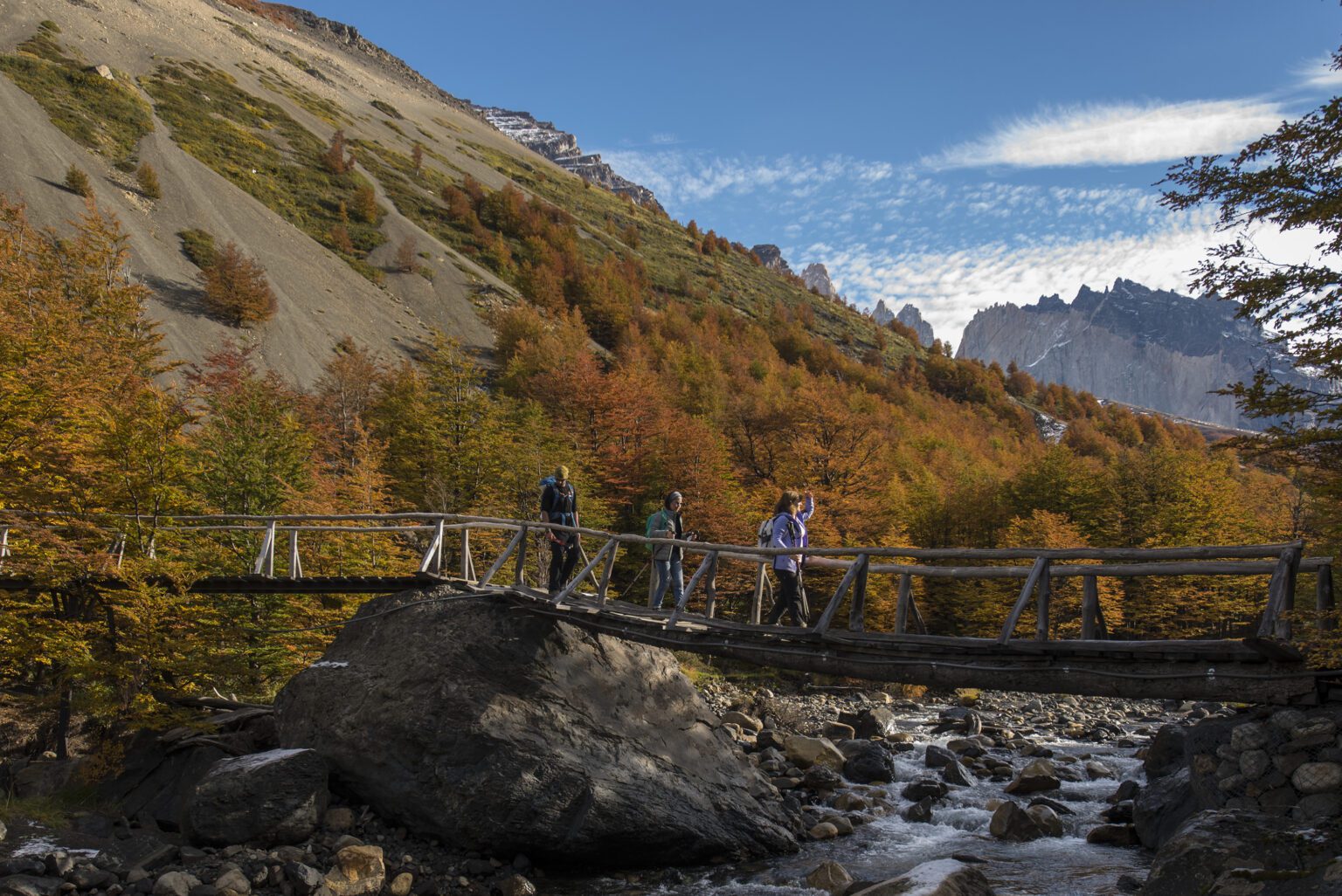 Hikers cross a bridge above  a river inTorres del Paine with jagged peaks and open slopes beyond.