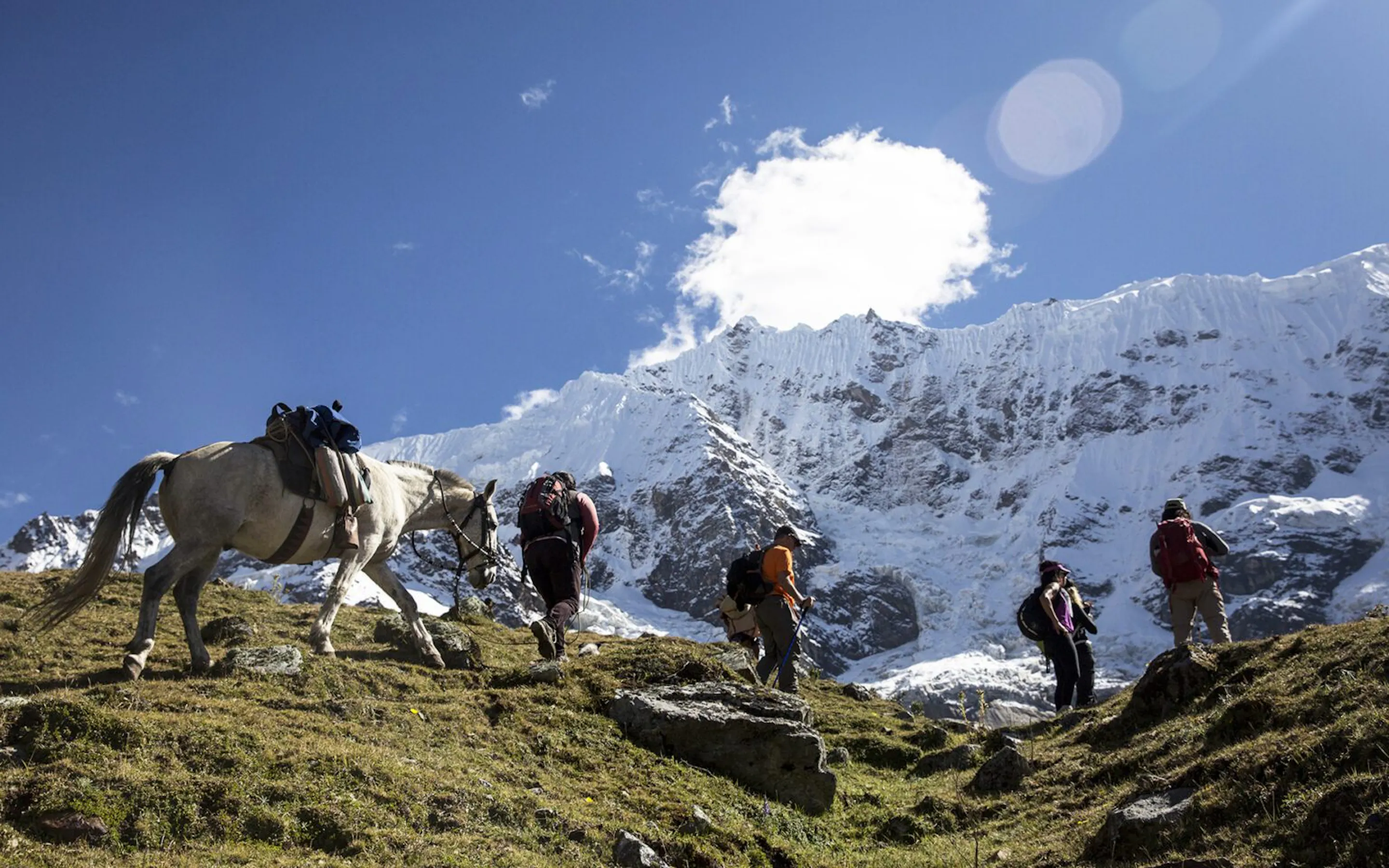 Hikers and a packhorse cross rocky grassland below snow-covered peaks on the Salkantay Trek near Cusco, Peru.