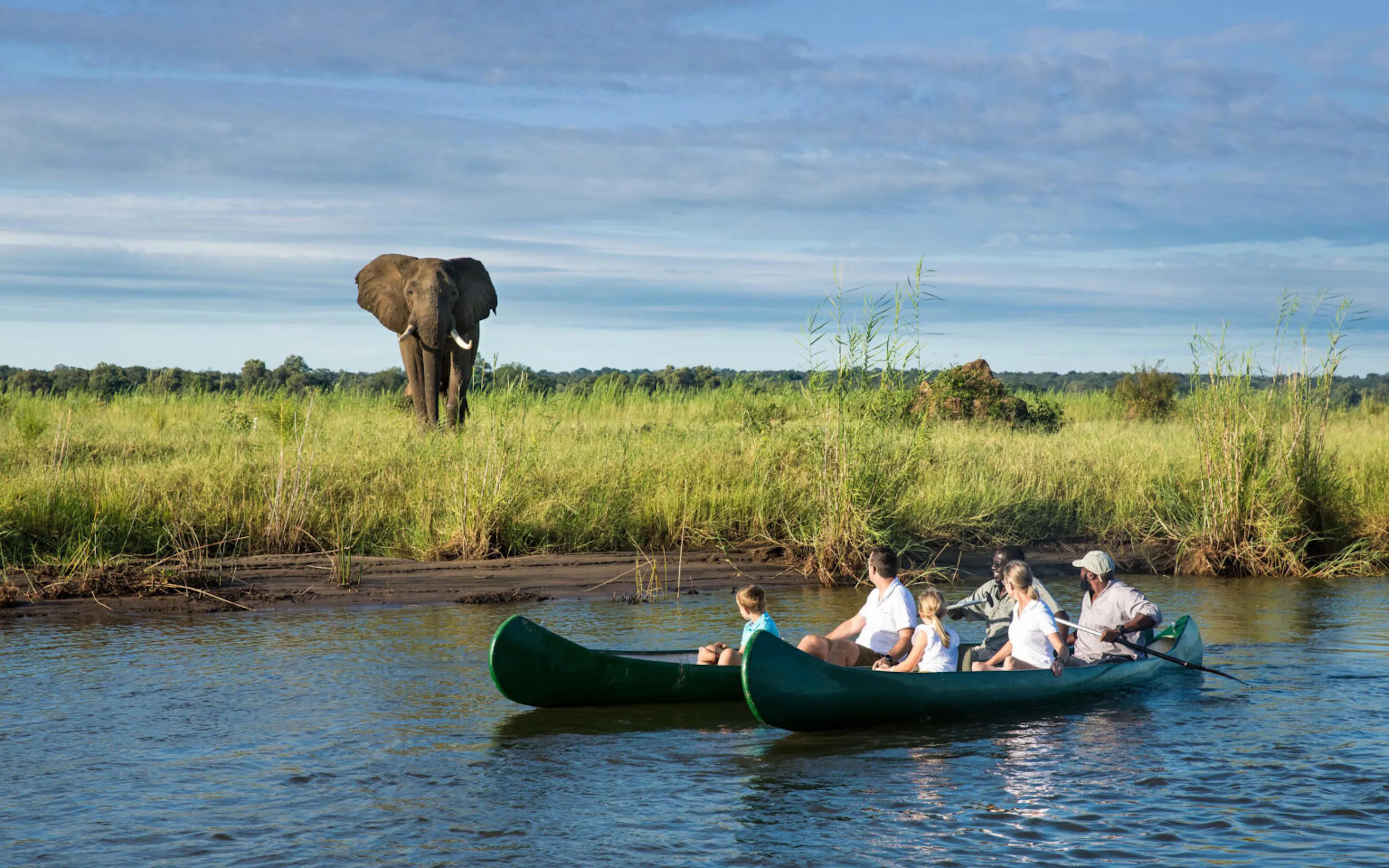 Tembo Plains guests get up-close to an elephant on a Zambezi River canoe safari in Zimbabwe's Mana Pools.
