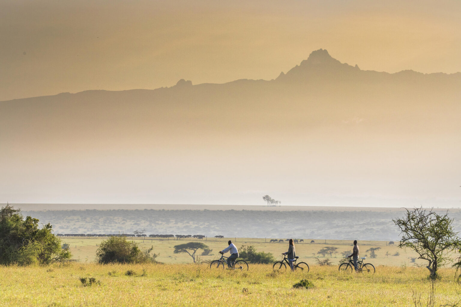 A cyclists pause on dusty ground at Solio Lodge, with pale hills and grazing wildlife beyond.
