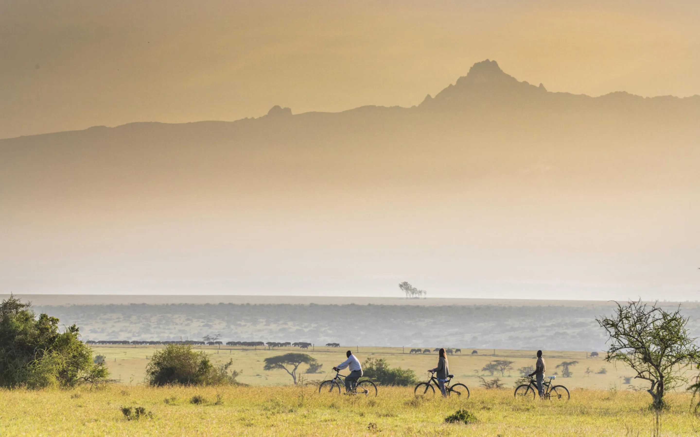 A cyclists pause on dusty ground at Solio Lodge, with pale hills and grazing wildlife beyond.