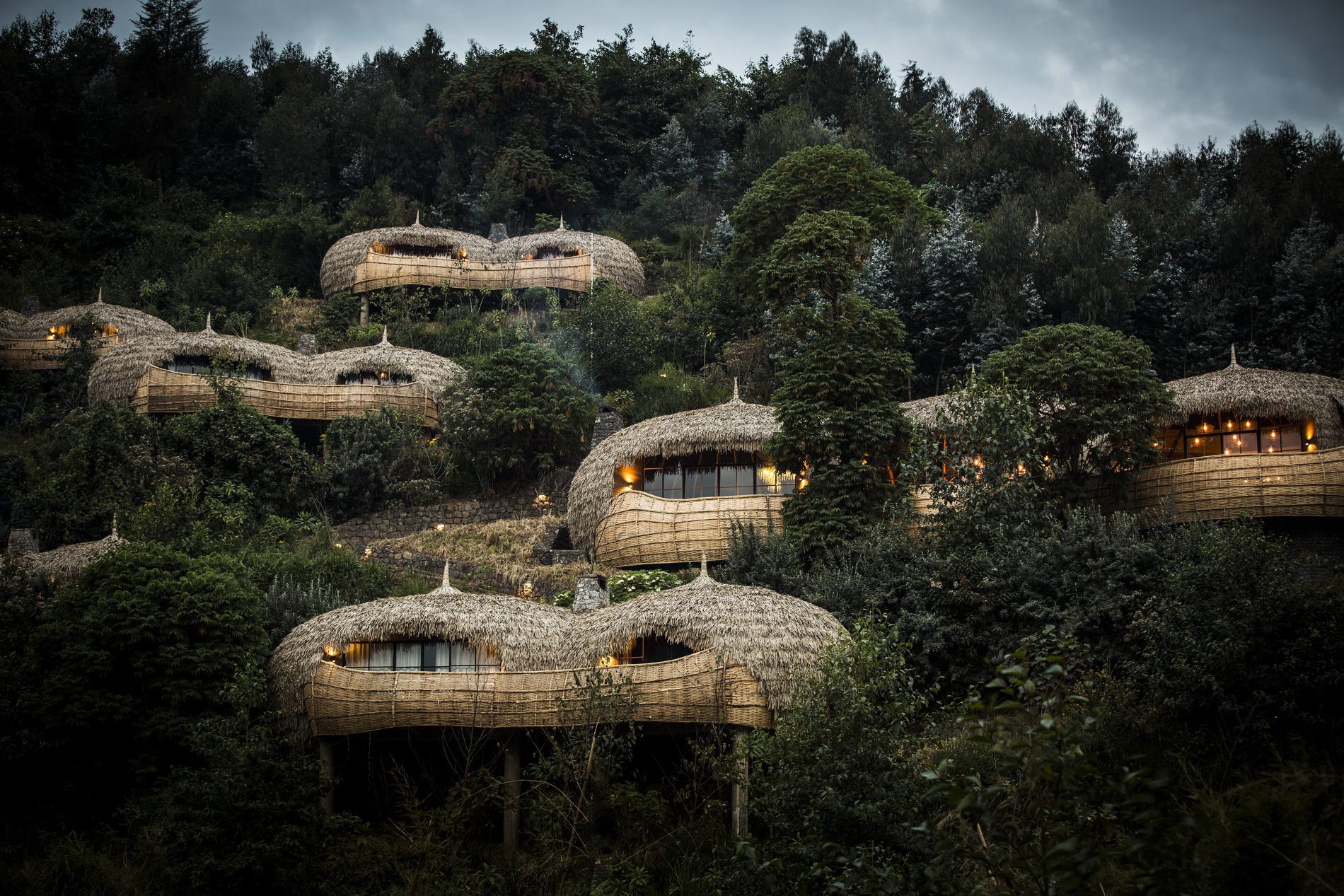 Thatched villas curve into a lush hillside at Bisate Lodge, overlooking forest, gardens, and distant Rwanda peaks.