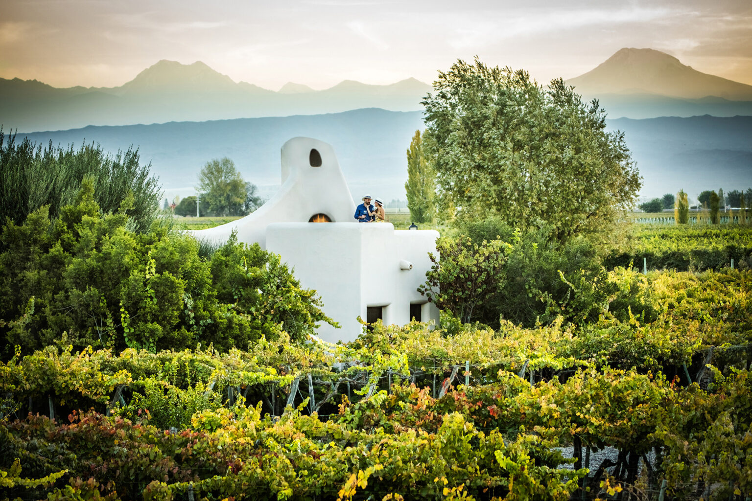 A white villa sits among vineyard rows at Cavas Wine Lodge in Mendoza, with dry hills rising in the distance.