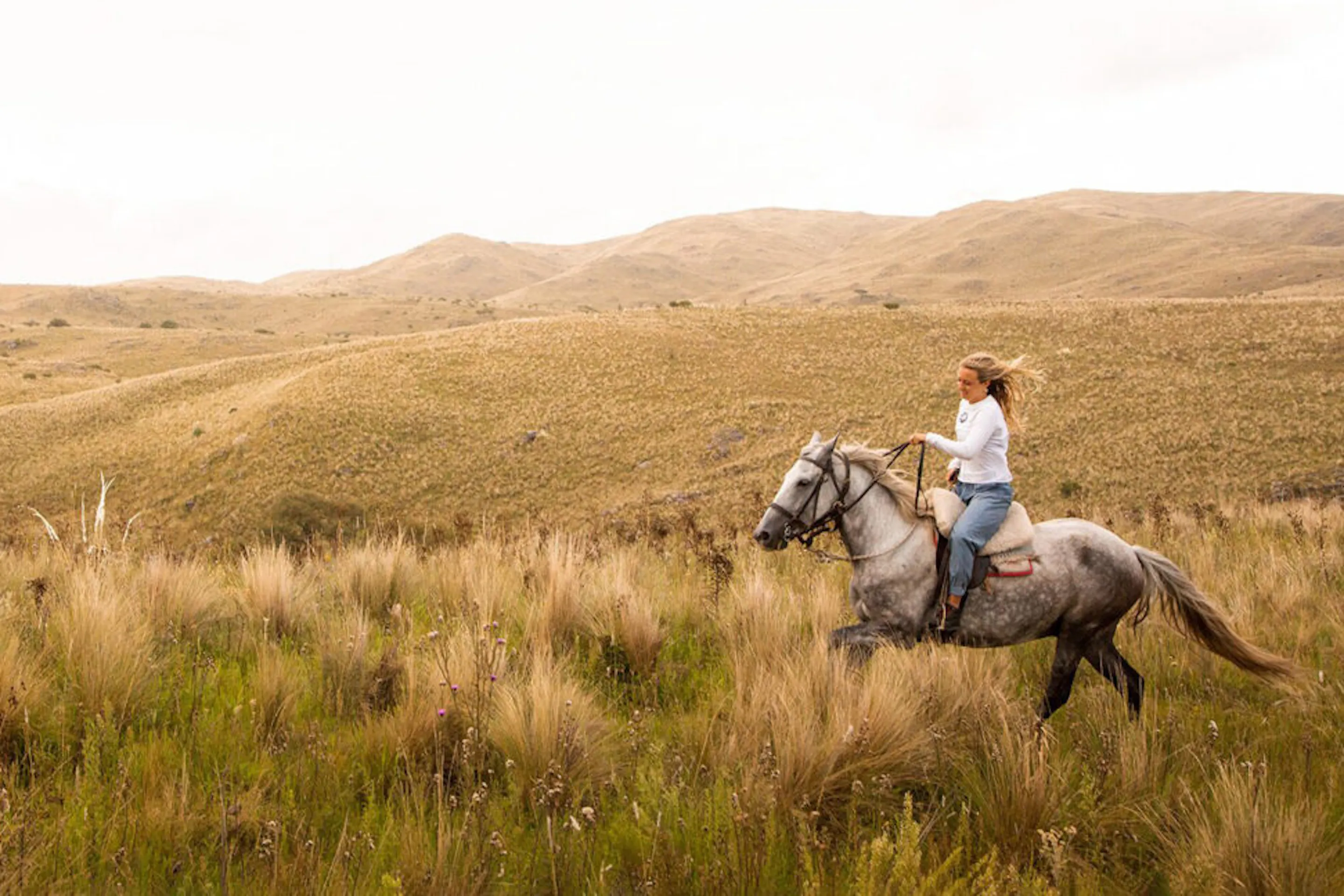 A rider on horseback crossing open grassland near the estancia at Estancia Los Potreros in Cordoba, Argentina.