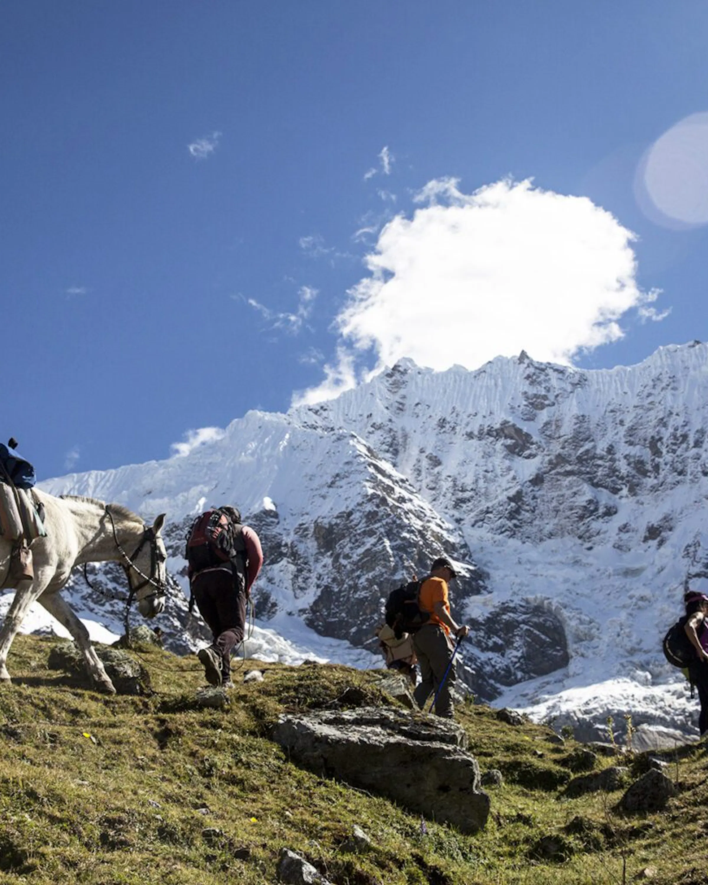 Hikers and a packhorse cross rocky grassland below snow-covered peaks on the Salkantay Trek near Cusco, Peru.