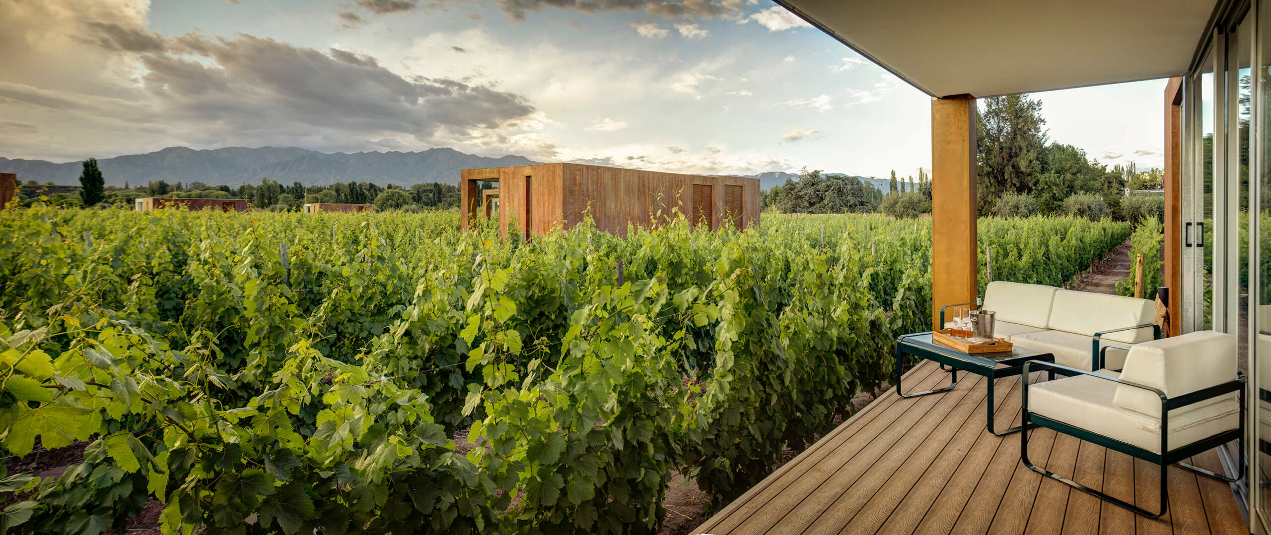 A vineyard terrace with modern rooms at Entre Cielos overlooks vines and distant mountains in Mendoza, Argentina.