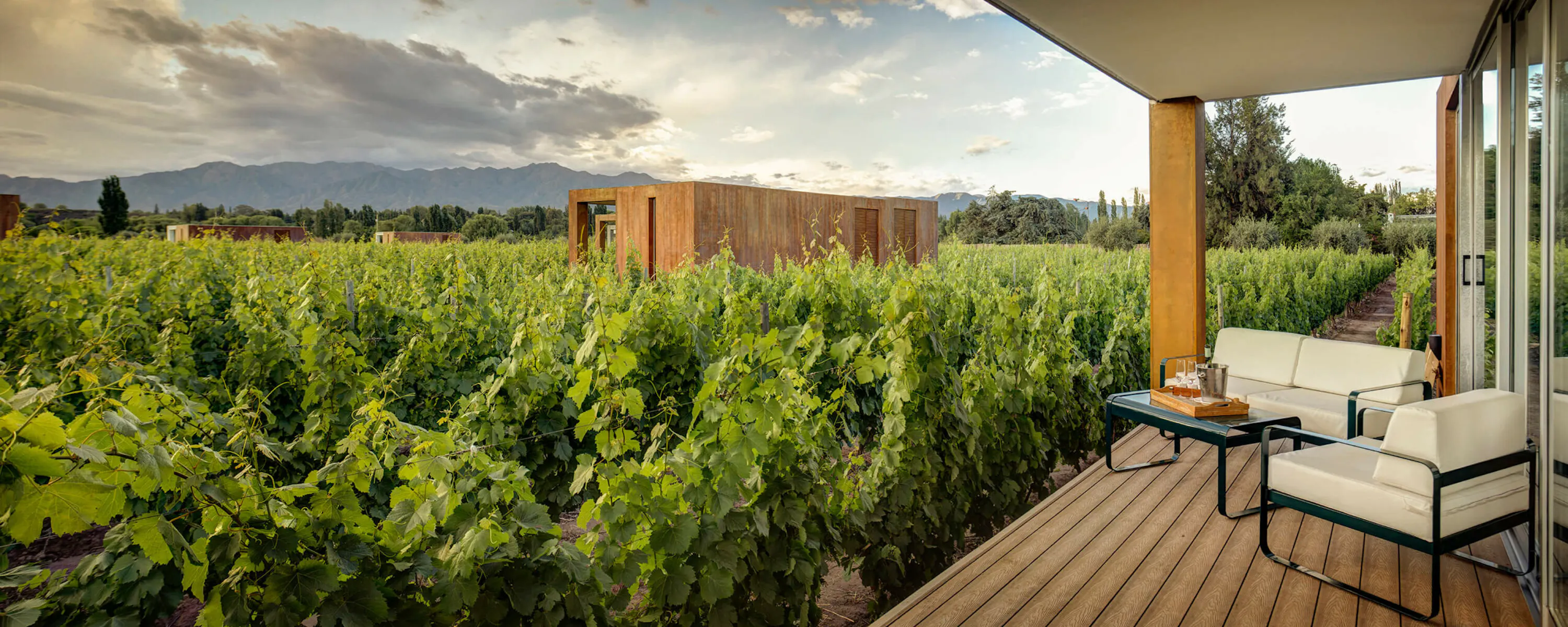 A vineyard terrace with modern rooms at Entre Cielos overlooks vines and distant mountains in Mendoza, Argentina.