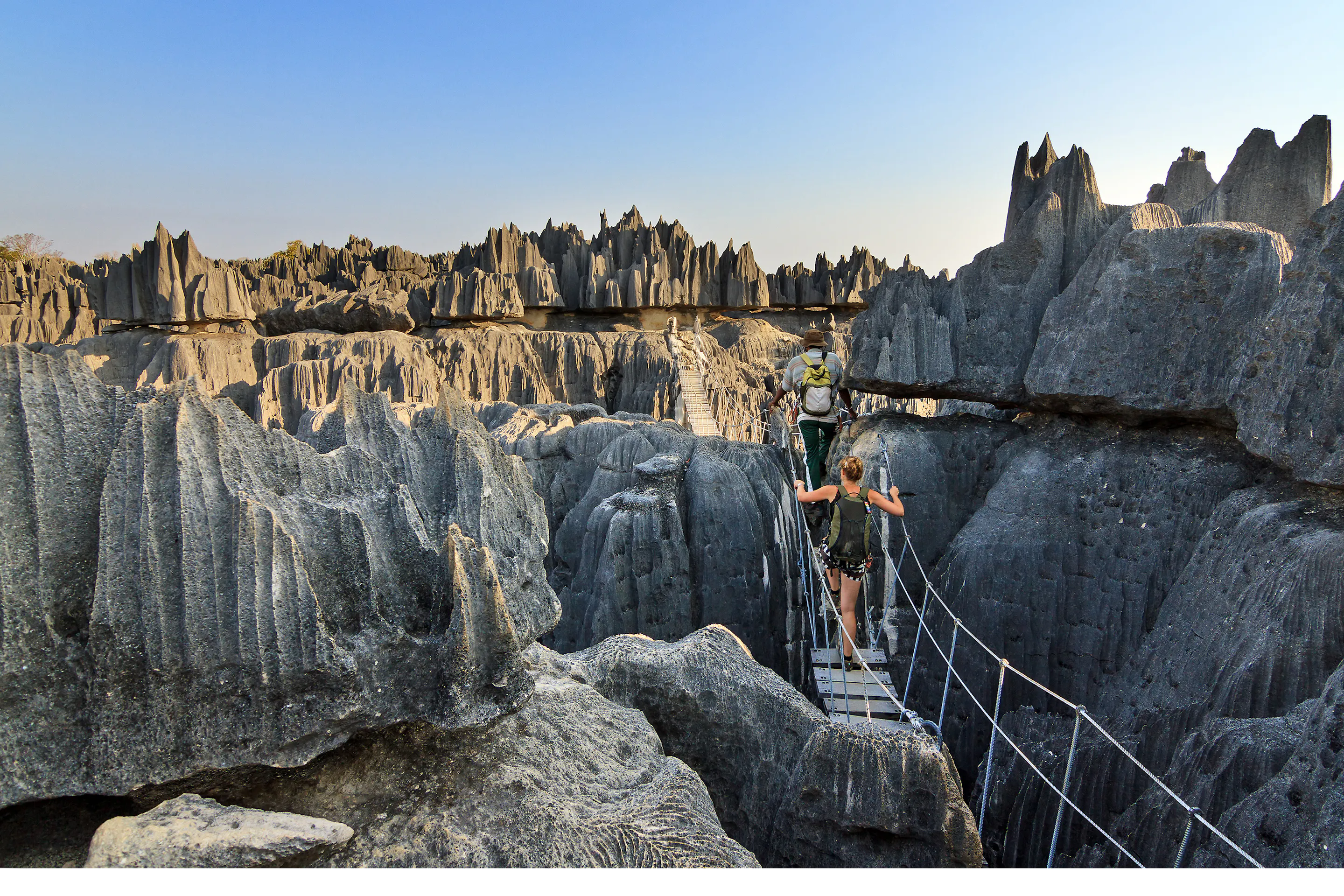 Travelers cross a narrow bridge through Madagascar’s jagged limestone pinnacles, dwarfed by the Tsingy landscape.