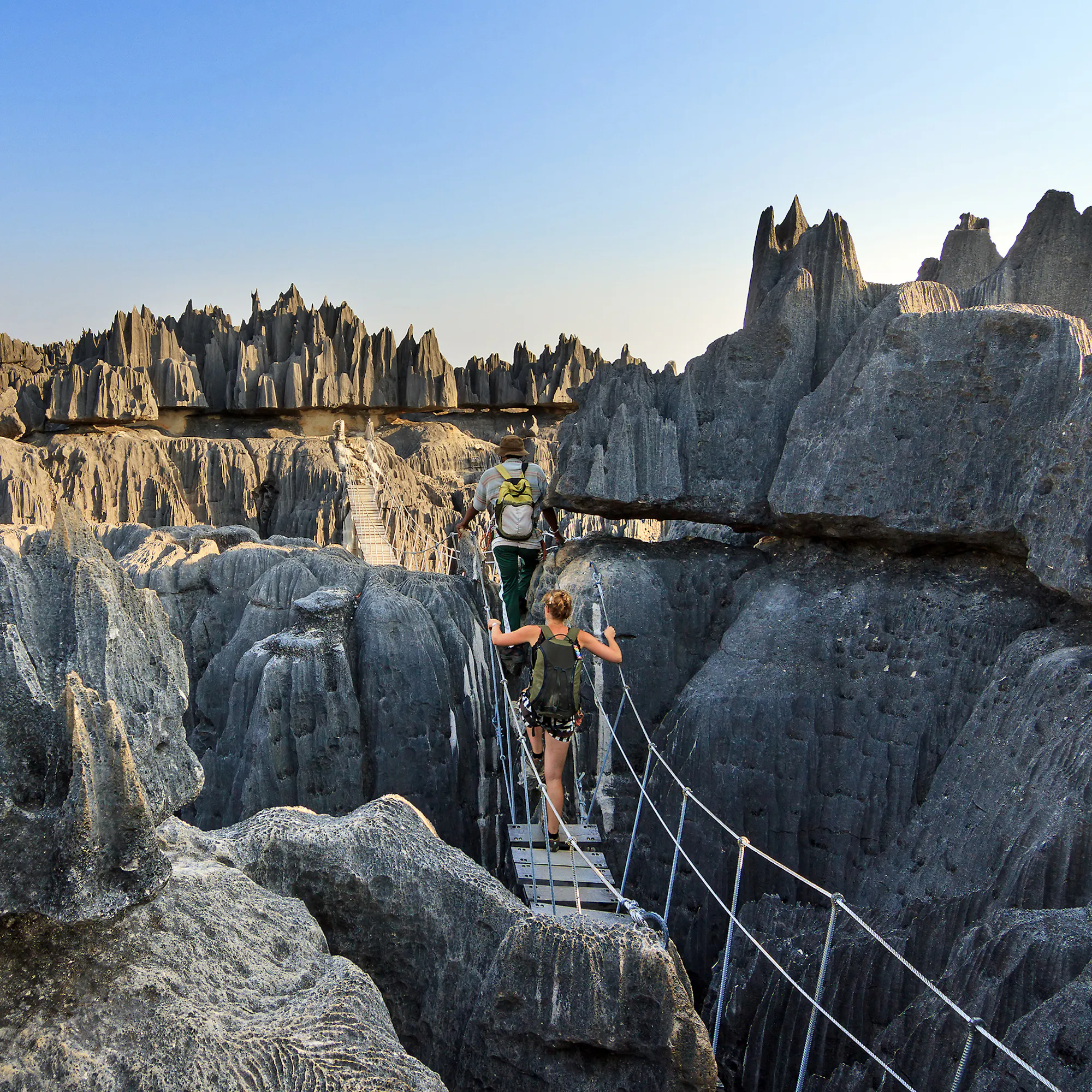 Travelers cross a narrow bridge through Madagascar’s jagged limestone pinnacles, dwarfed by the Tsingy landscape.