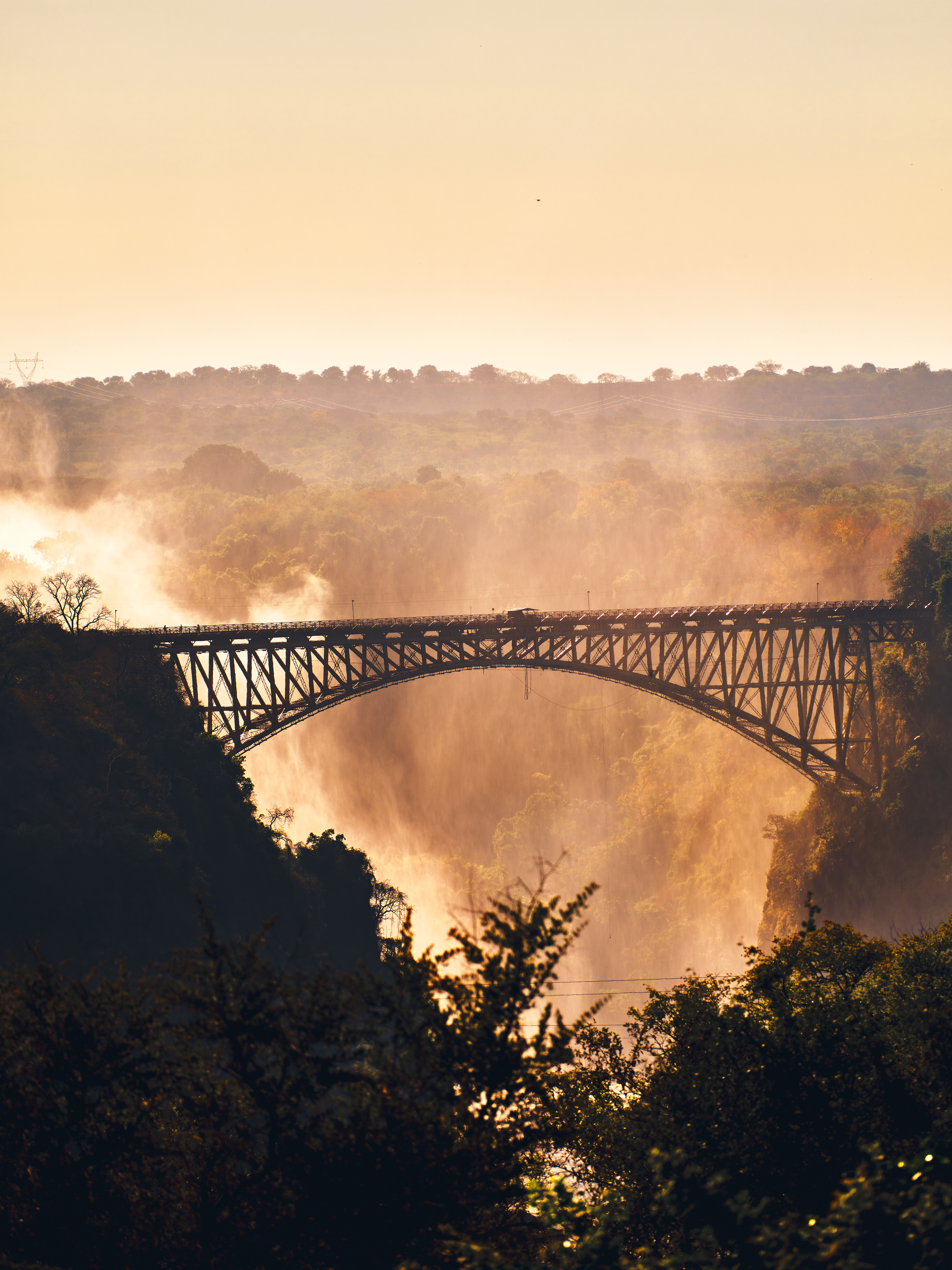 Victoria Falls Bridge rises through golden mist at sunrise, viewed across the gorge from high ground nearby.