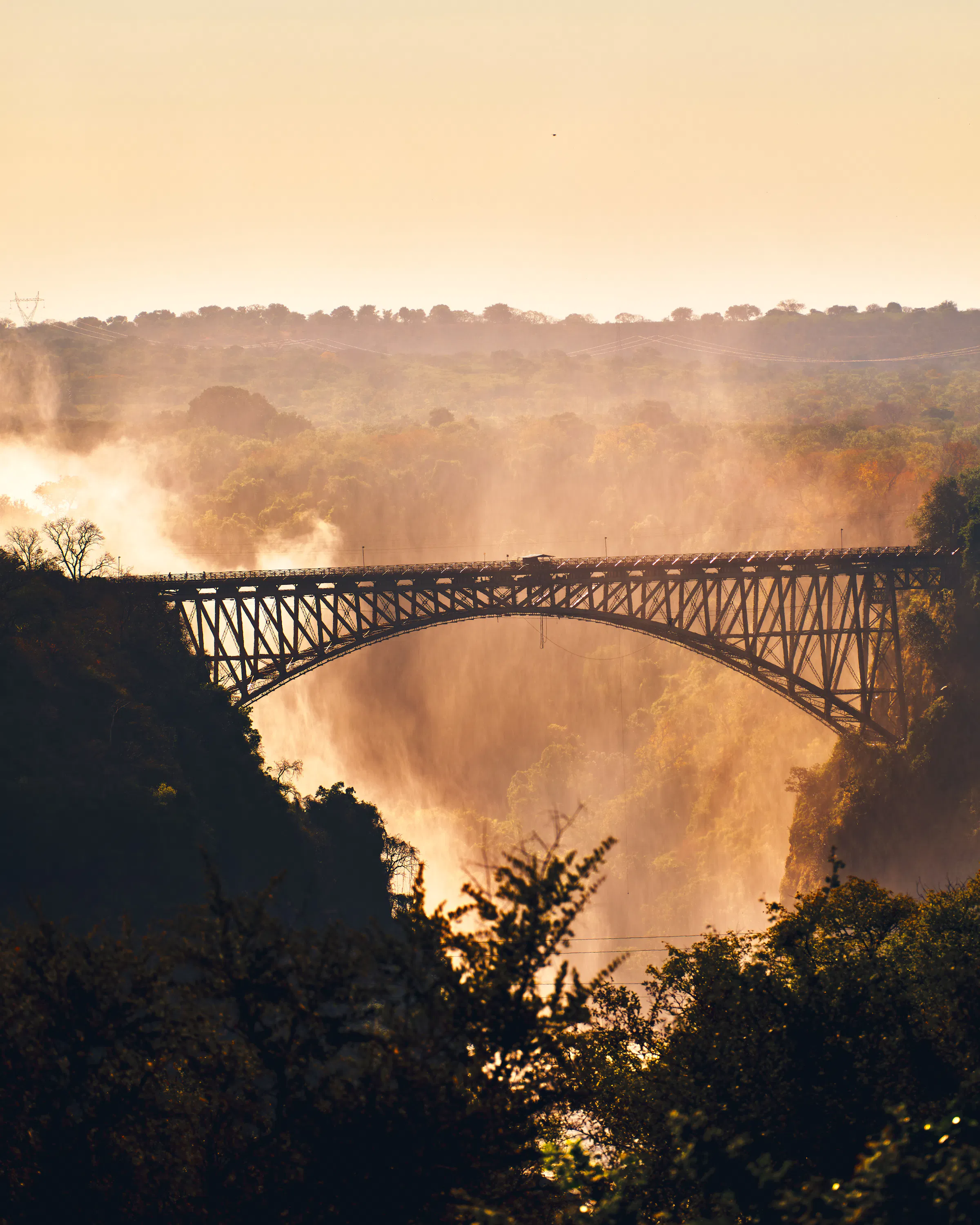 Victoria Falls Bridge rises through golden mist at sunrise, viewed across the gorge from high ground nearby.