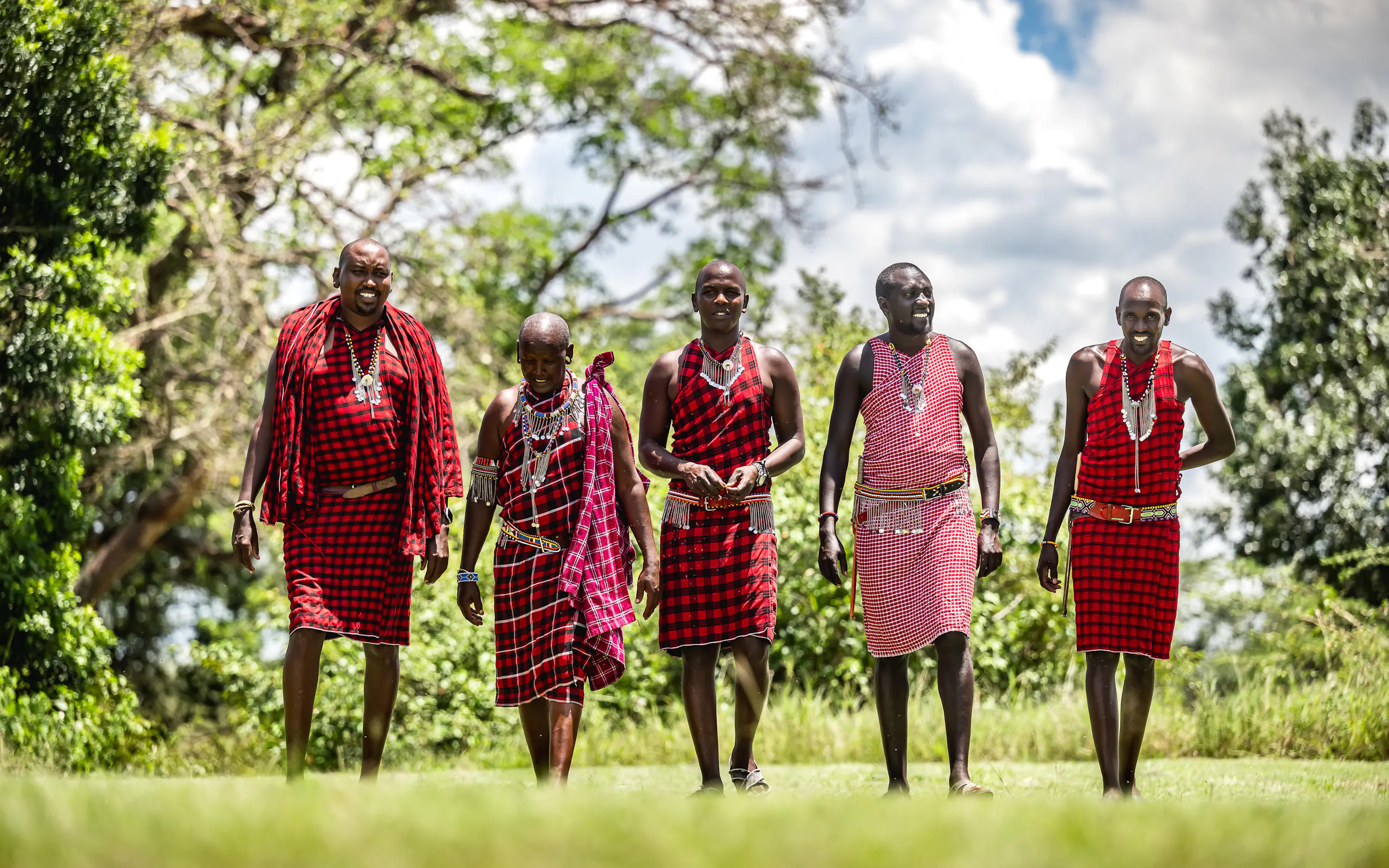 A group of Maasai stands together beneath trees, their red shukas bright against the green background behind.