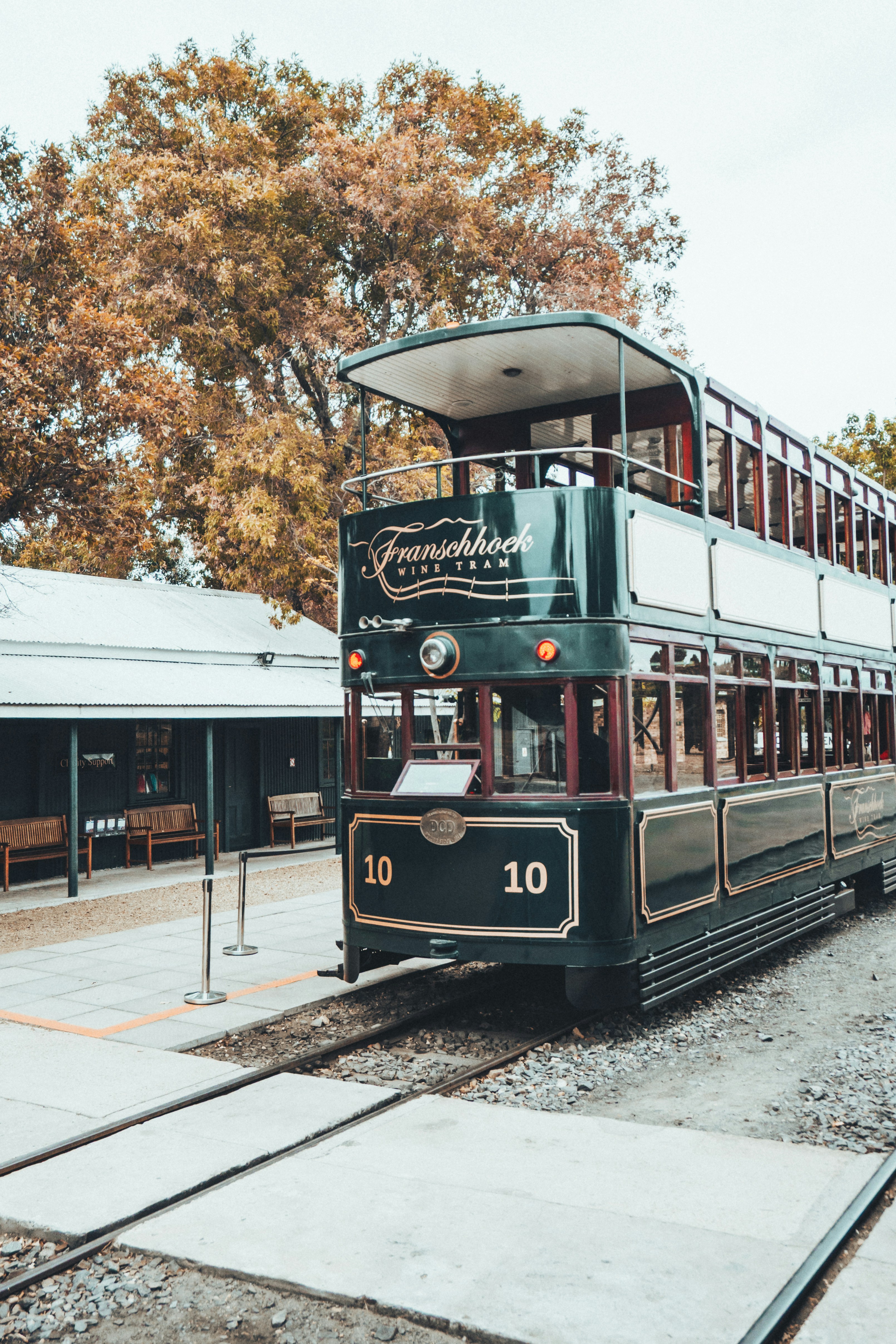 The Franschhoek tram waits at the station, its dark vintage body framed by autumn trees and pale buildings.