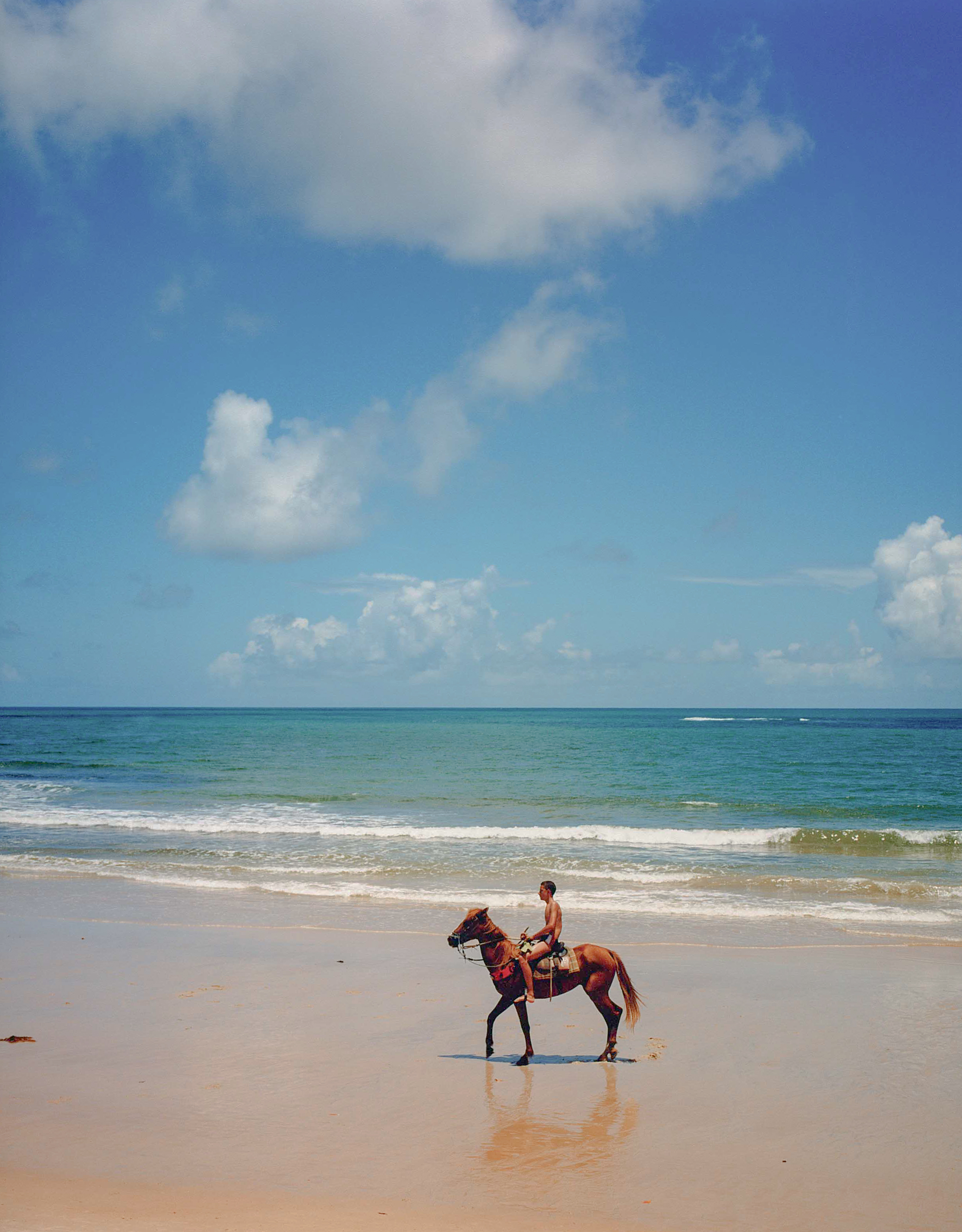 A rider on horseback crosses wet sand beside the turquoise sea near Uxua Casa Hotel on Bahia's sunlit coast.