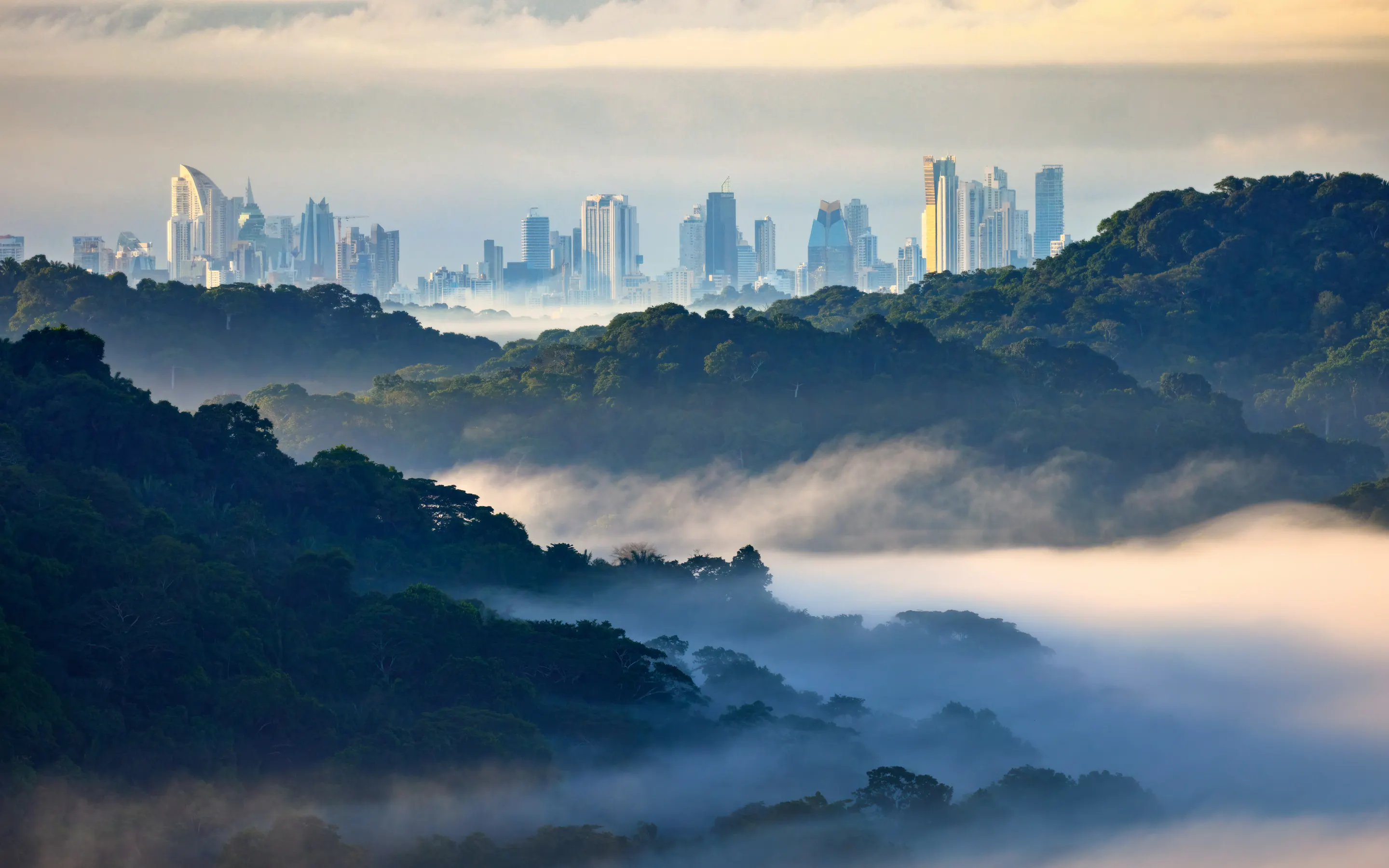 Mist drifts above dense green hills as Panama City's skyline rises in the distance beneath a soft golden sky.