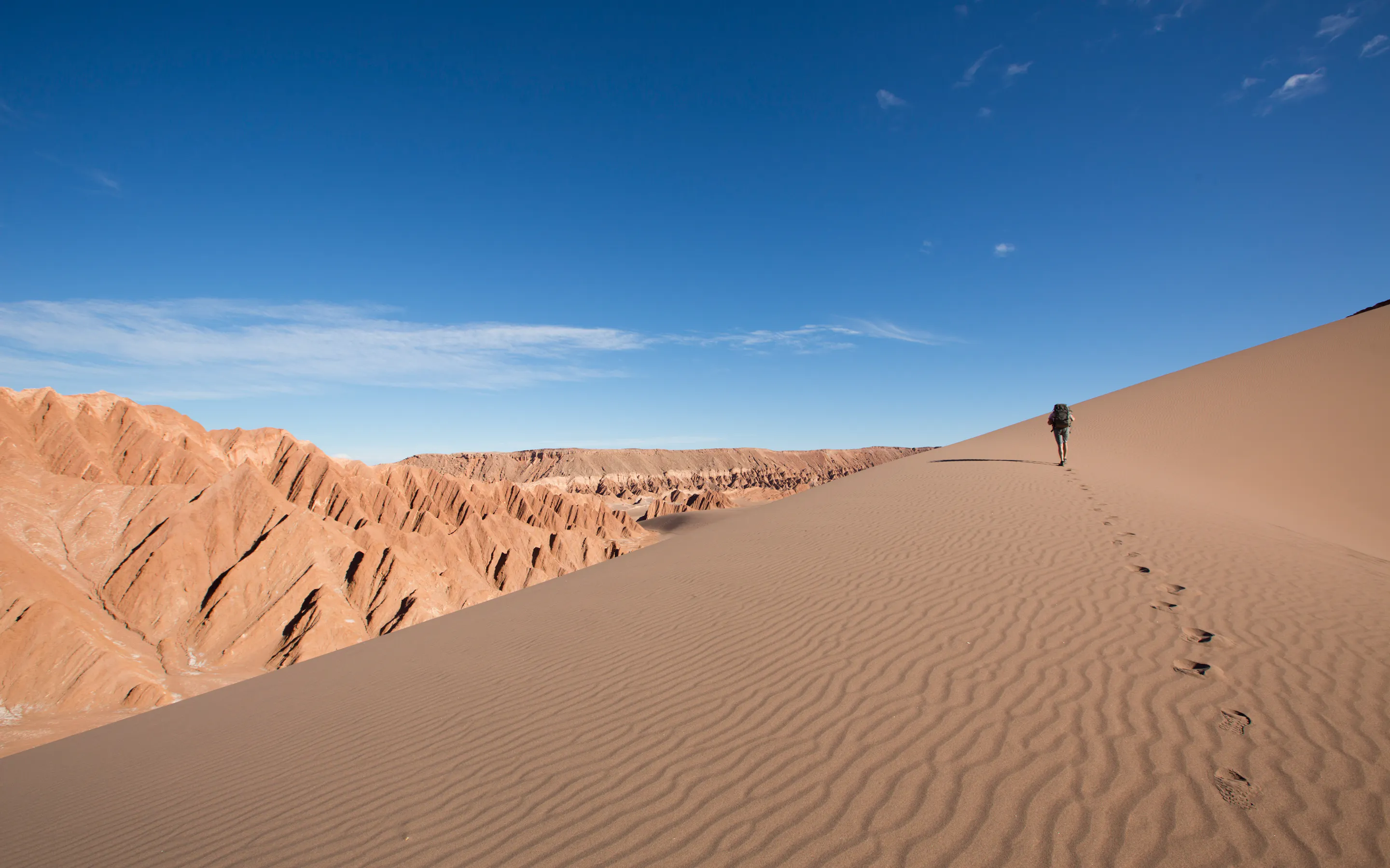A lone walker traces footprints along a high sand ridge in the Atacama Desert, with ocher dunes and blue sky beyond.