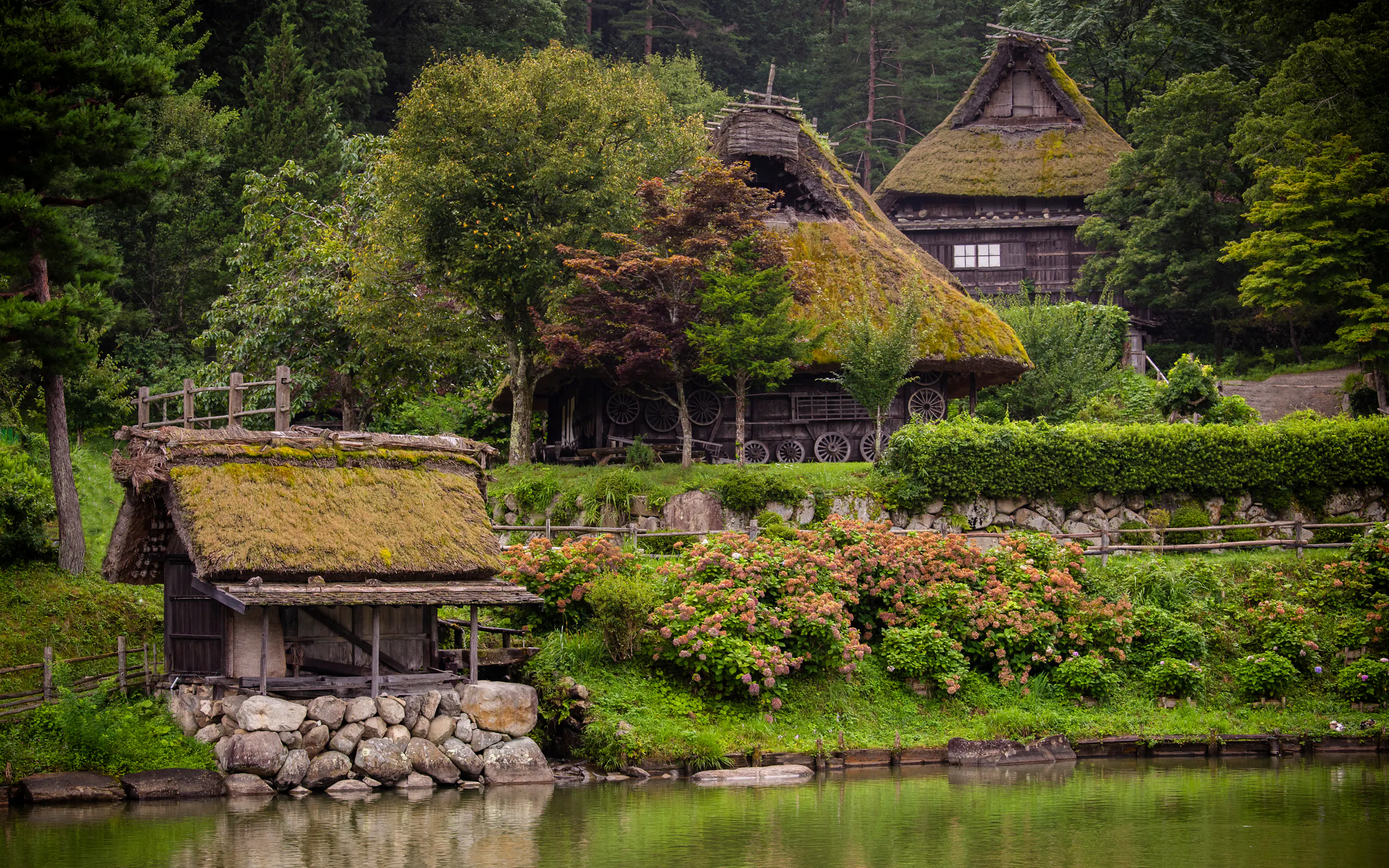 Gassho-zukuri houses sit beside a still pond in Takayama, framed by dense forest, hedges, and late-season flowers.