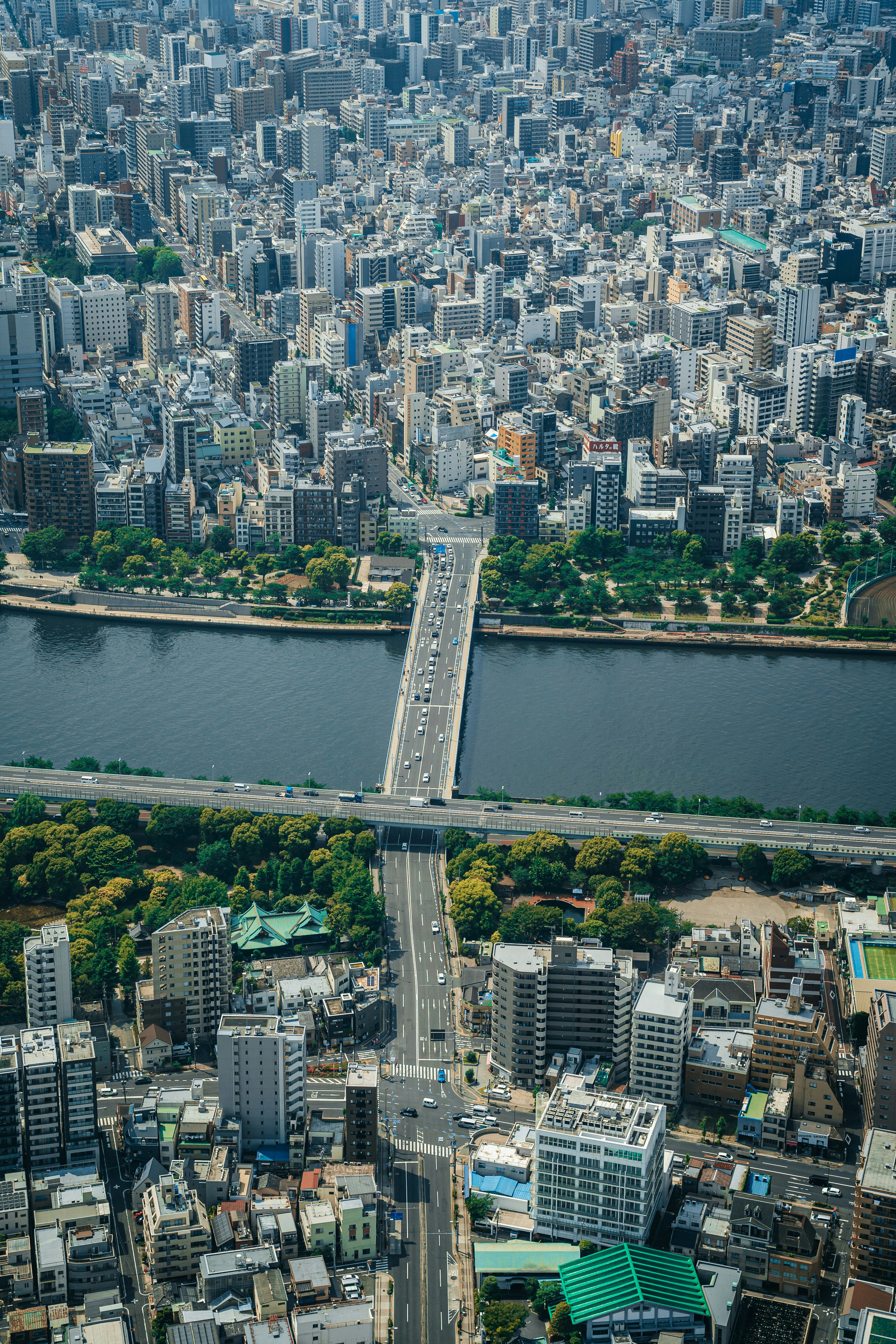 An aerial view shows a broad bridge crossing a river into dense Tokyo blocks, with tree-lined embankments below.