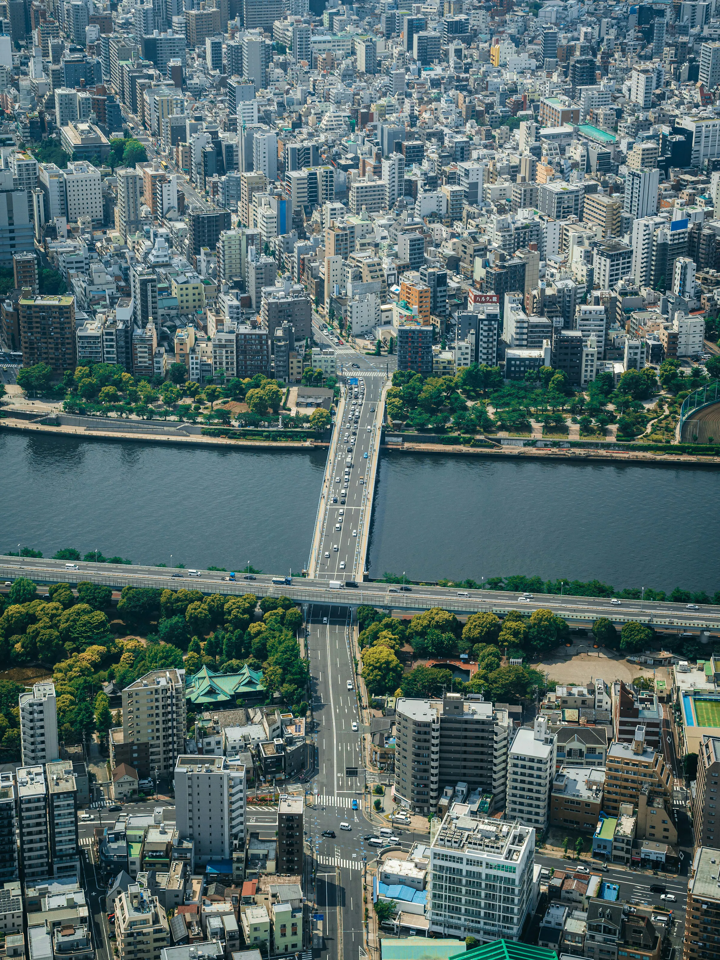 An aerial view shows a broad bridge crossing a river into dense Tokyo blocks, with tree-lined embankments below.