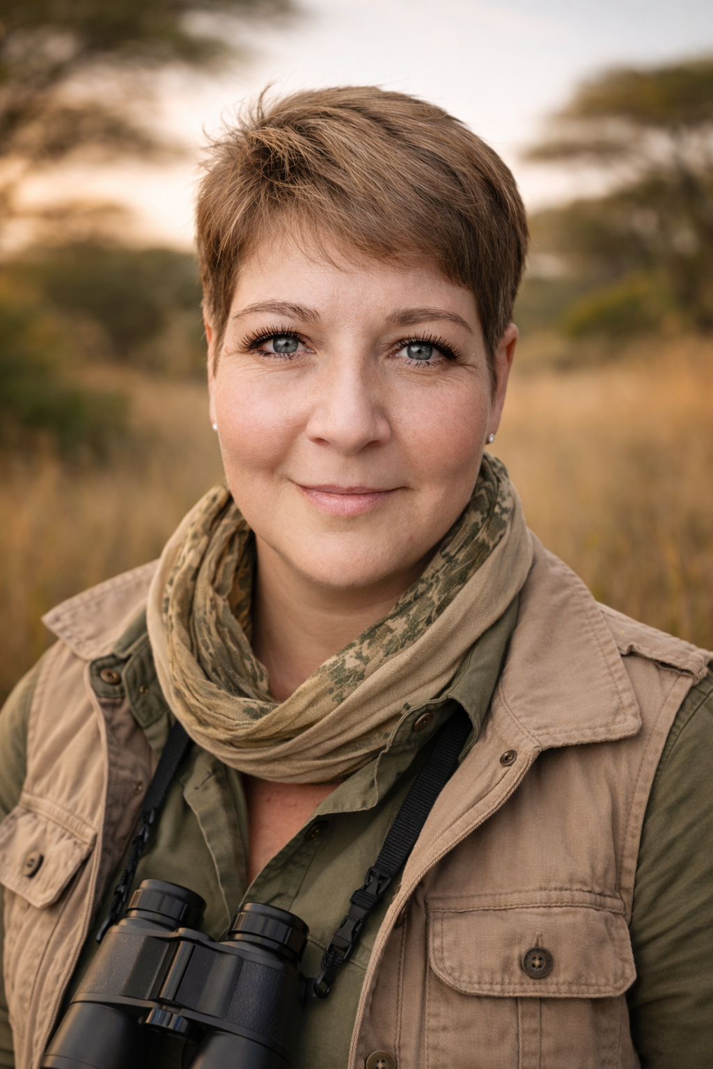 A woman with short brown hair wearing a tan scarf, brown vest, and green shirt smiles at the camera.