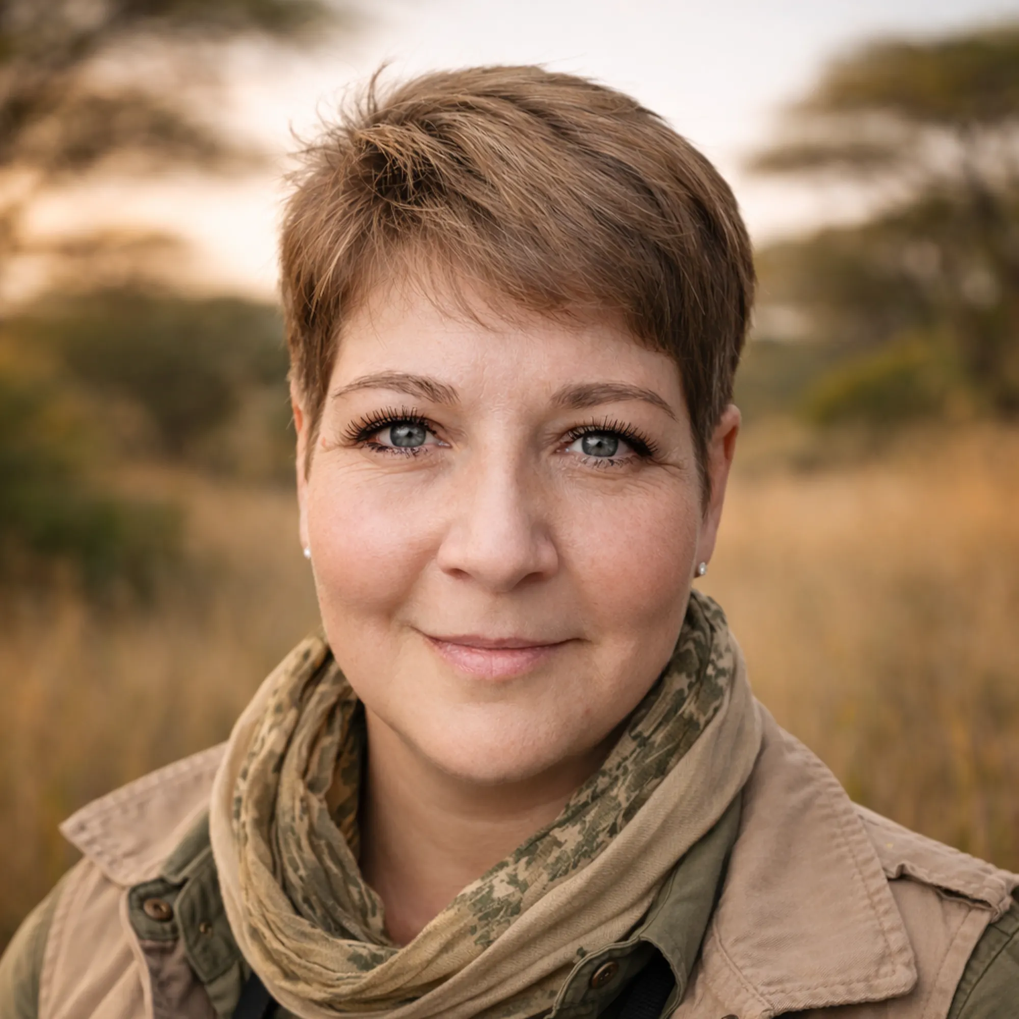 A woman with short brown hair wearing a tan scarf, brown vest, and green shirt smiles at the camera.