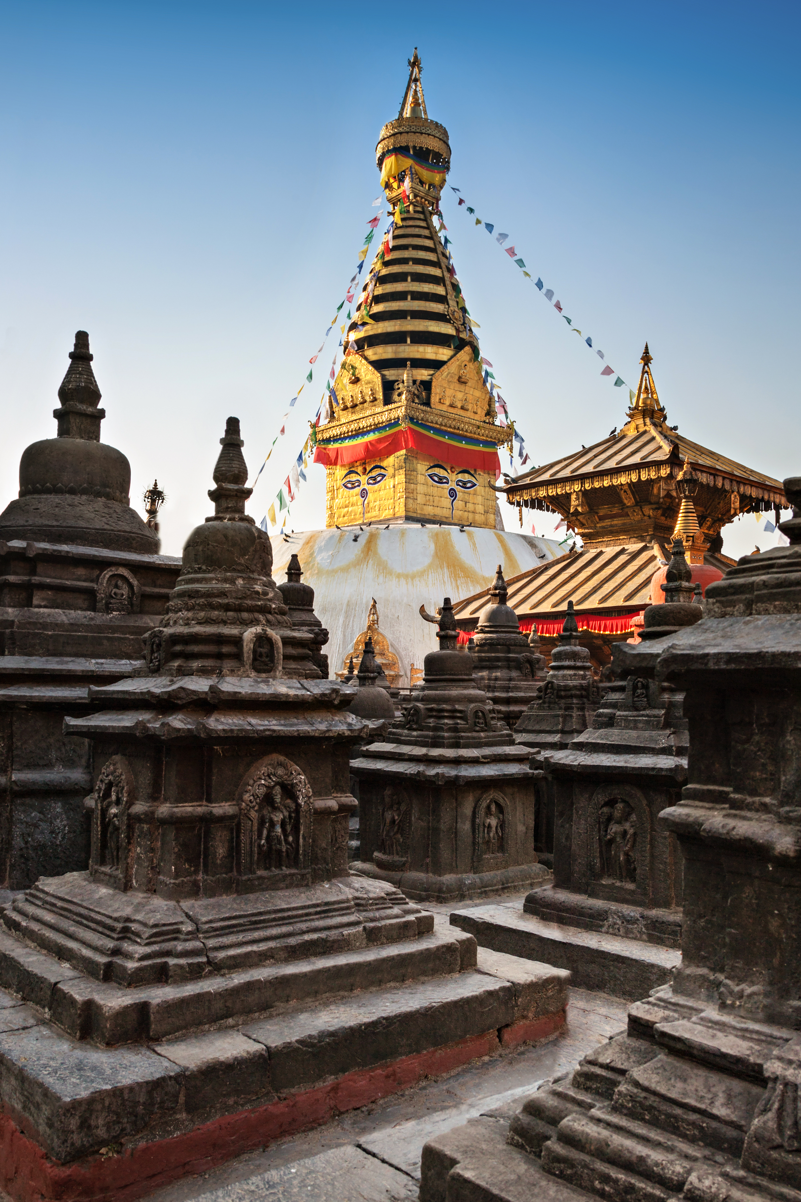 Swayambhunath is an ancient religious complex atop a hill in the Kathmandu Valley.