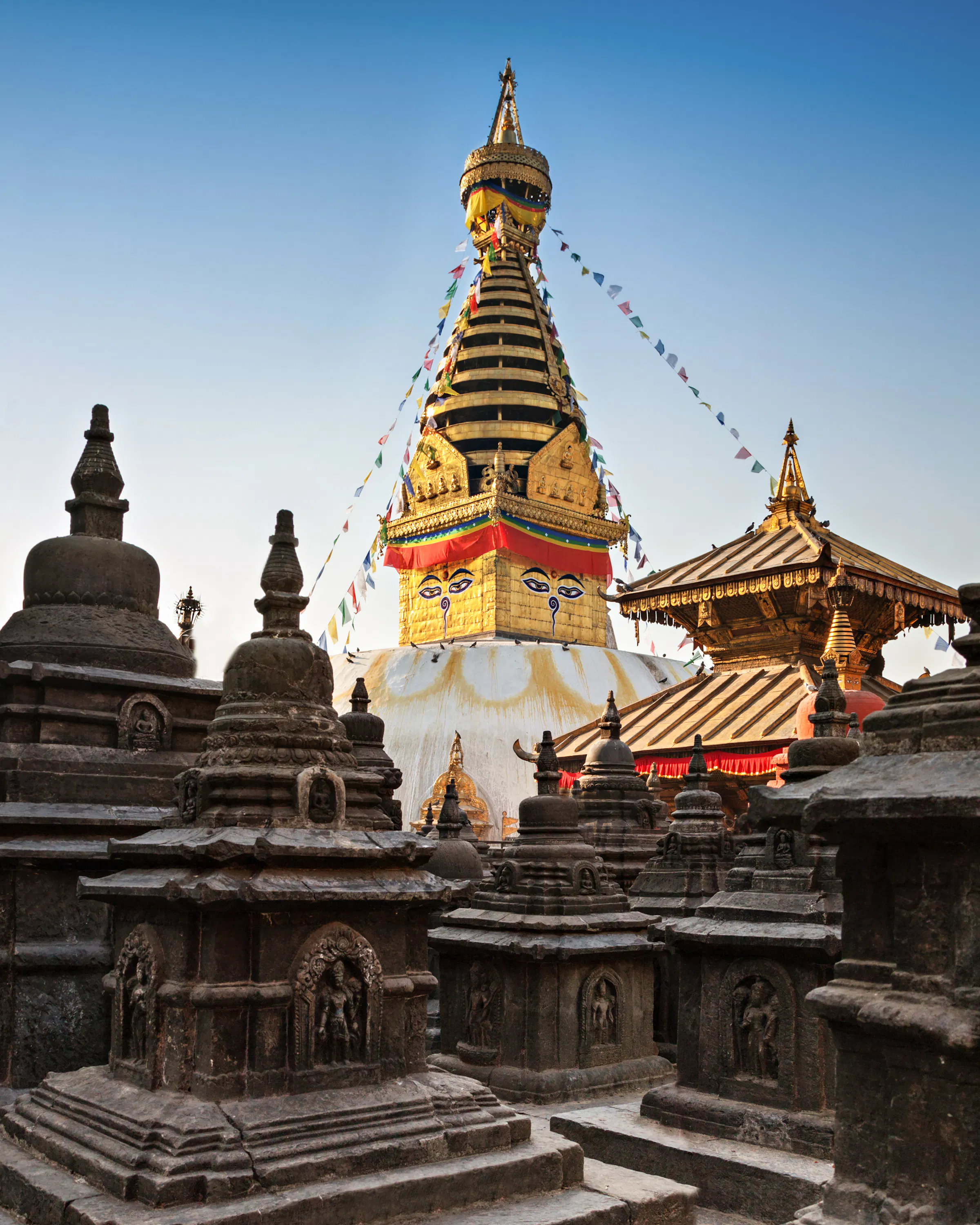 Swayambhunath is an ancient religious complex atop a hill in the Kathmandu Valley.