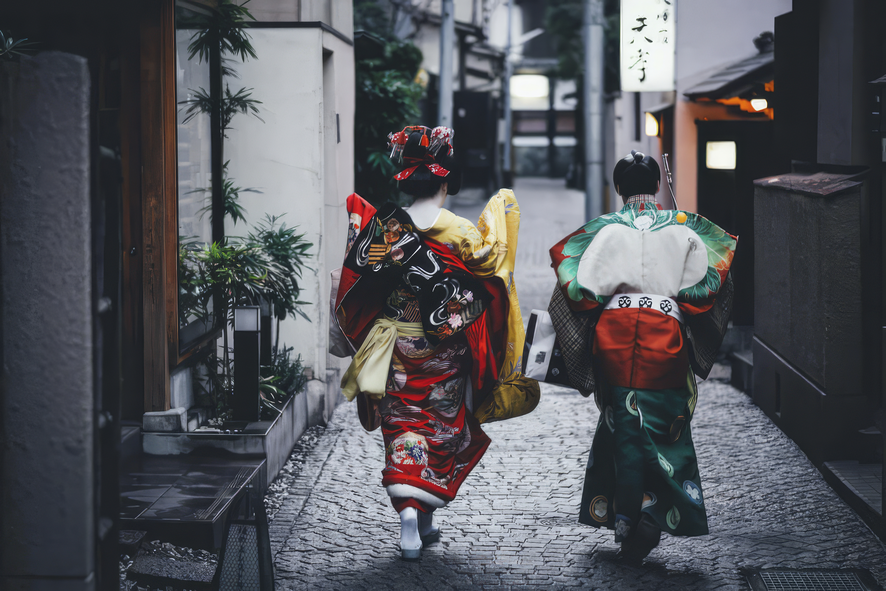 Two women in colorful kimono walk down a narrow Kyoto lane lined with wooden facades and softly lit doorways.