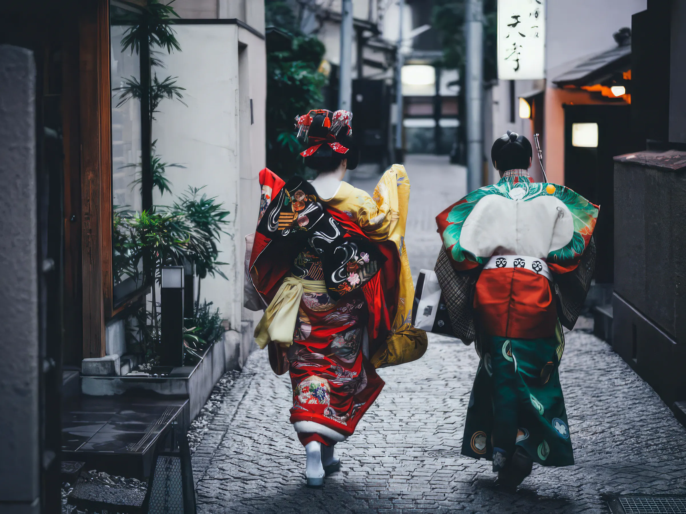 Two women in colorful kimono walk down a narrow Kyoto lane lined with wooden facades and softly lit doorways.