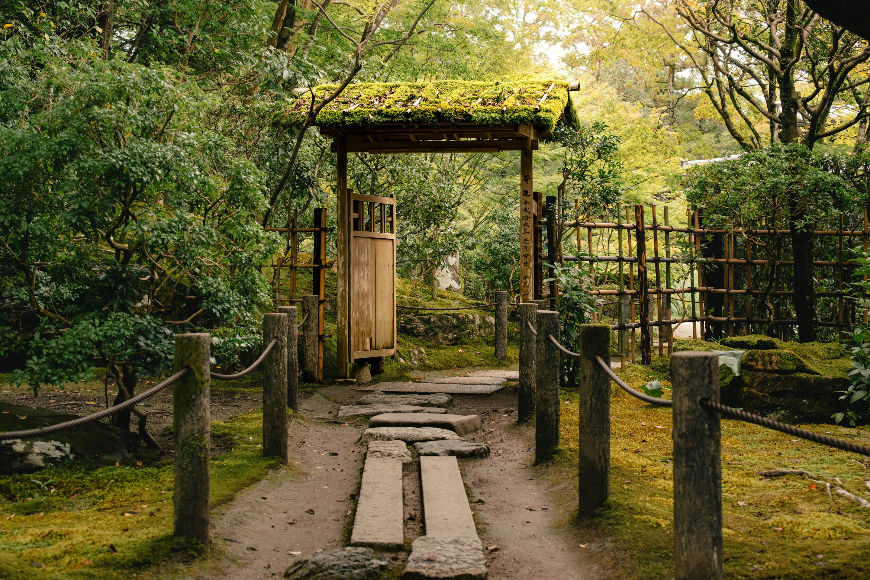 Stone steps lead to a small wooden gate framed by moss, trees, and rope-lined paths in a quiet Kyoto garden.