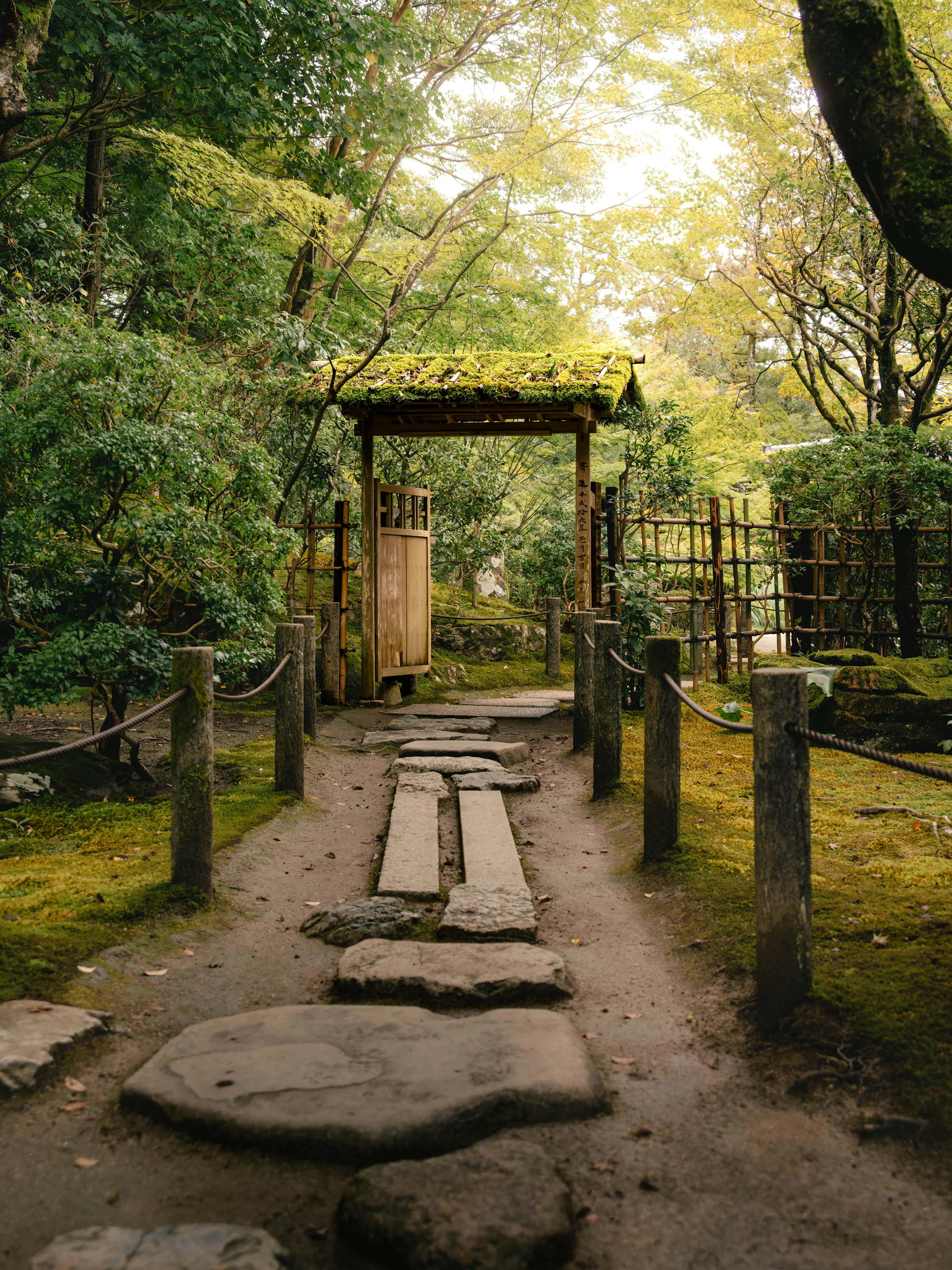 Stone steps lead to a small wooden gate framed by moss, trees, and rope-lined paths in a quiet Kyoto garden.