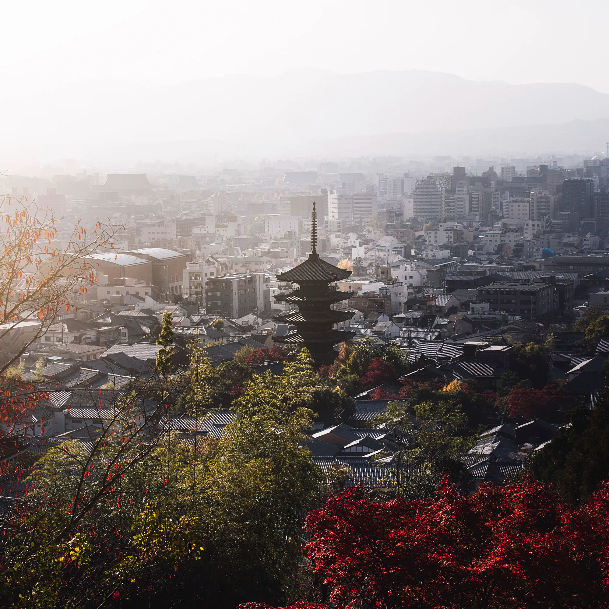 A five-story pagoda rises above Kyoto rooftops, framed by autumn foliage and a hazy mountain skyline in soft light.