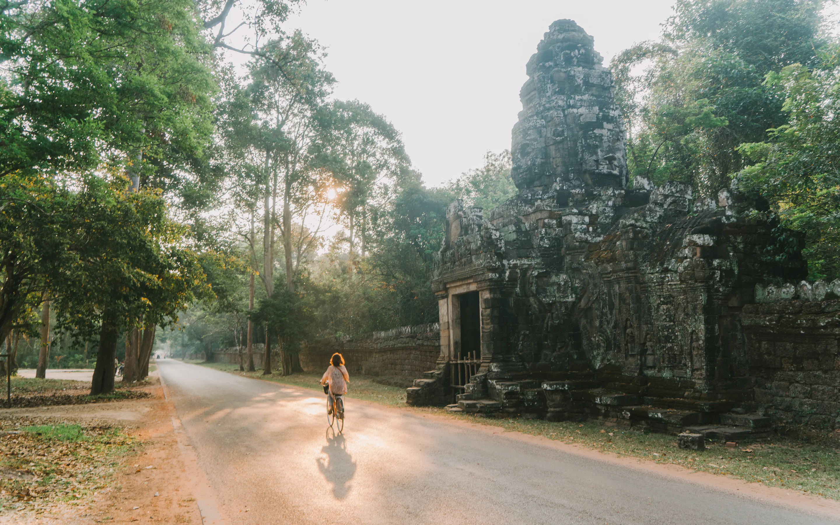 A cyclist pedals past a weathered stone gate at Angkor, where morning light filters through tall roadside trees.
