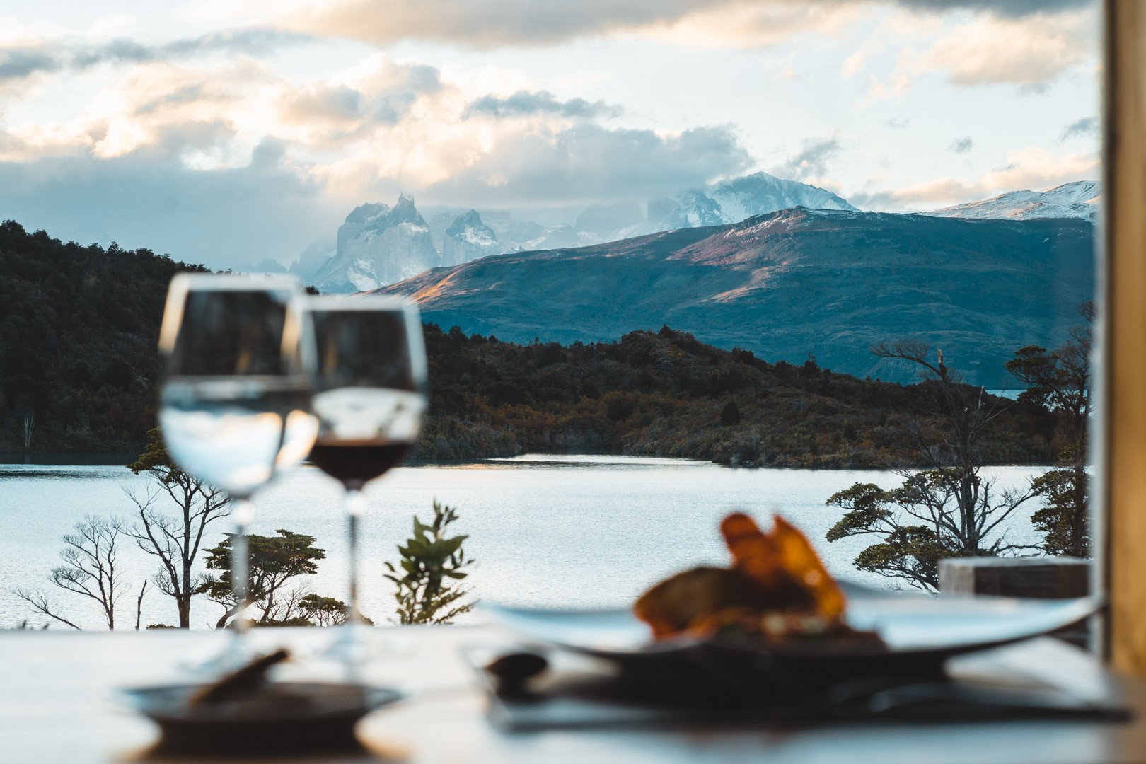 dinning table in Patagonia with mountains in background