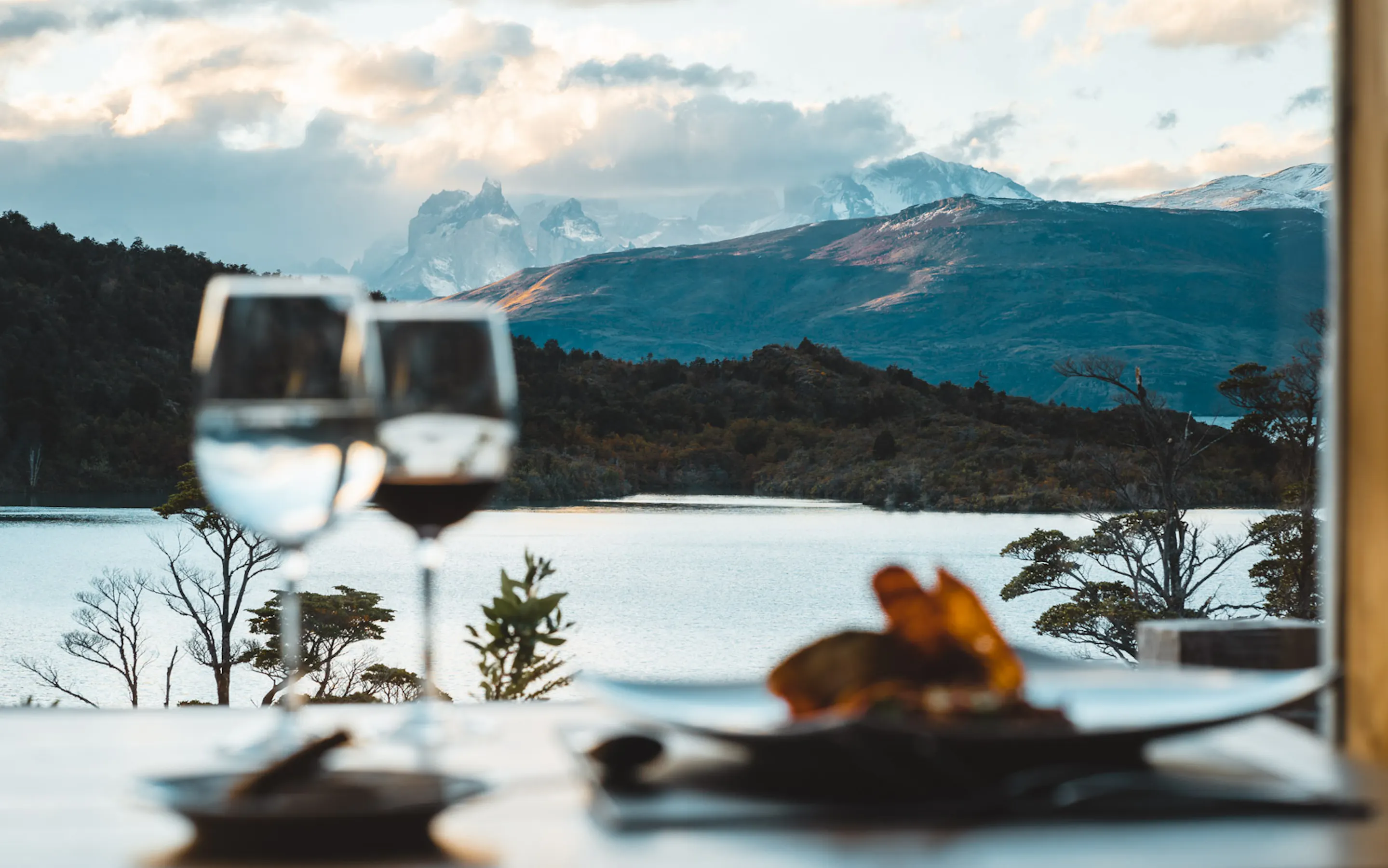 dinning table in Patagonia with mountains in background