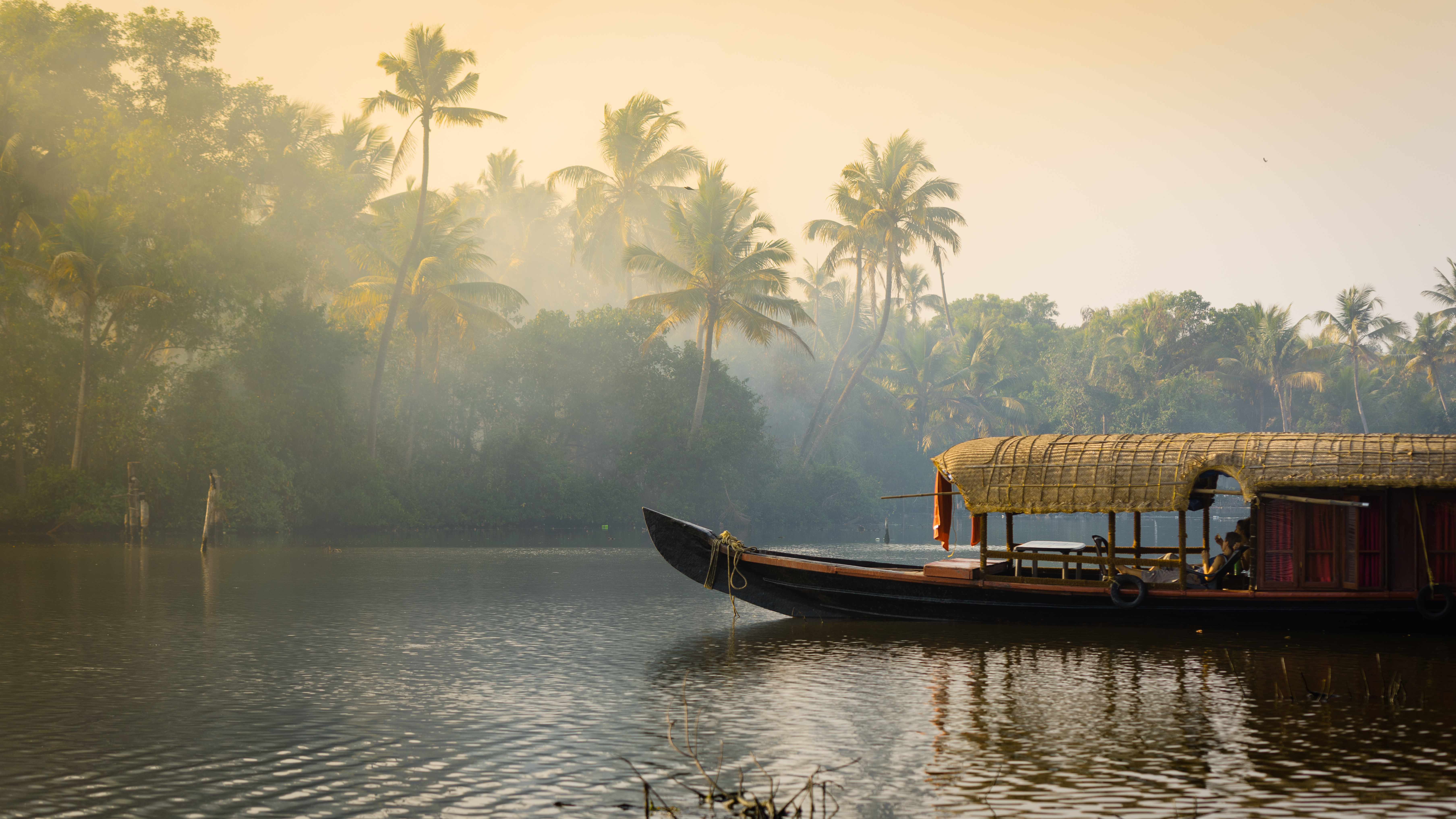 A thatched houseboat rests on calm Kerala backwaters, with palm trees and soft morning mist drifting above the shore.