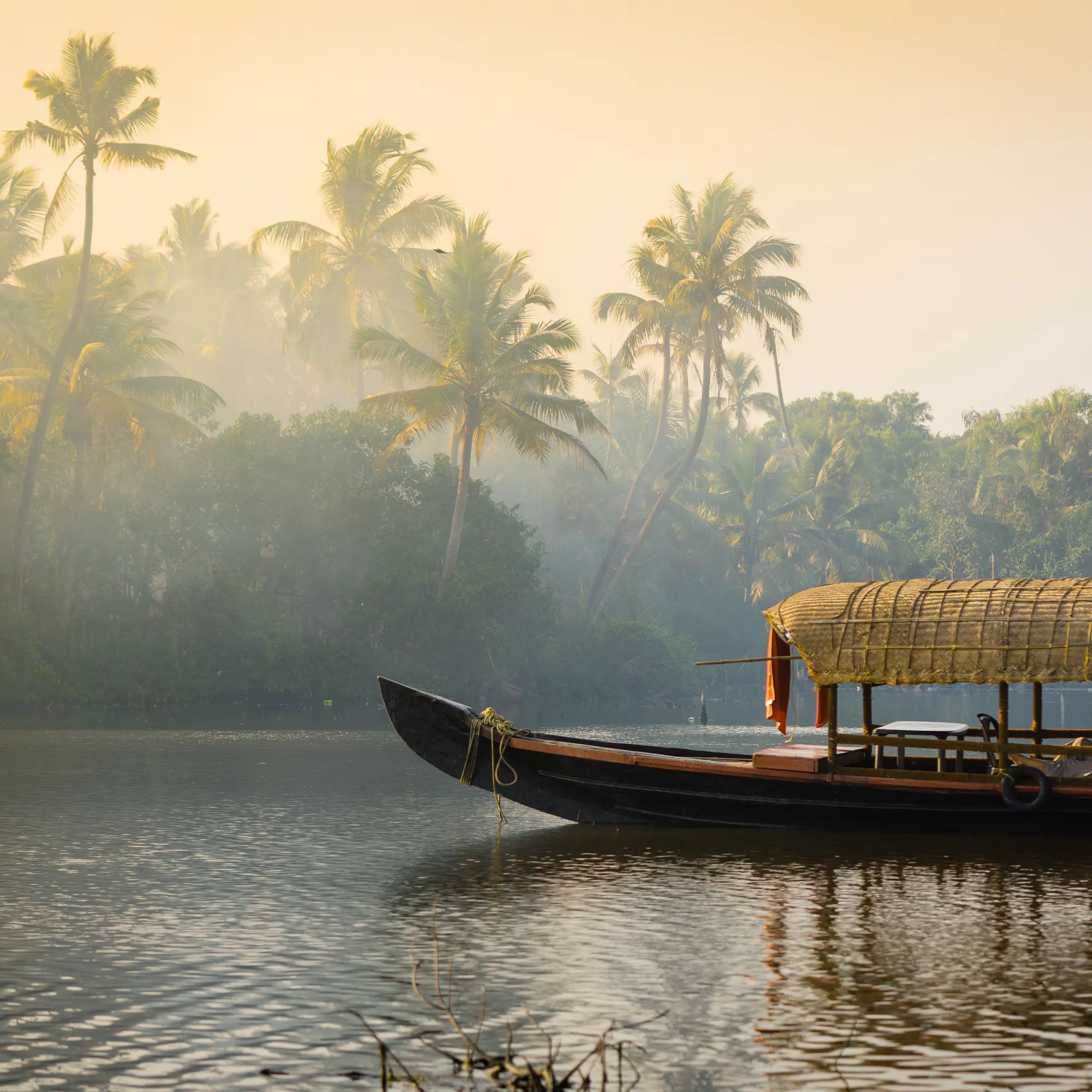 A thatched houseboat rests on calm Kerala backwaters, with palm trees and soft morning mist drifting above the shore.